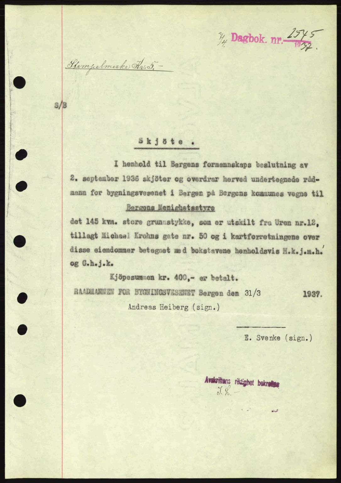 Byfogd og Byskriver i Bergen, SAB/A-3401/03/03Bc/L0004: Pantebok nr. A3-4, 1936-1937, Dagboknr: 2545/1937