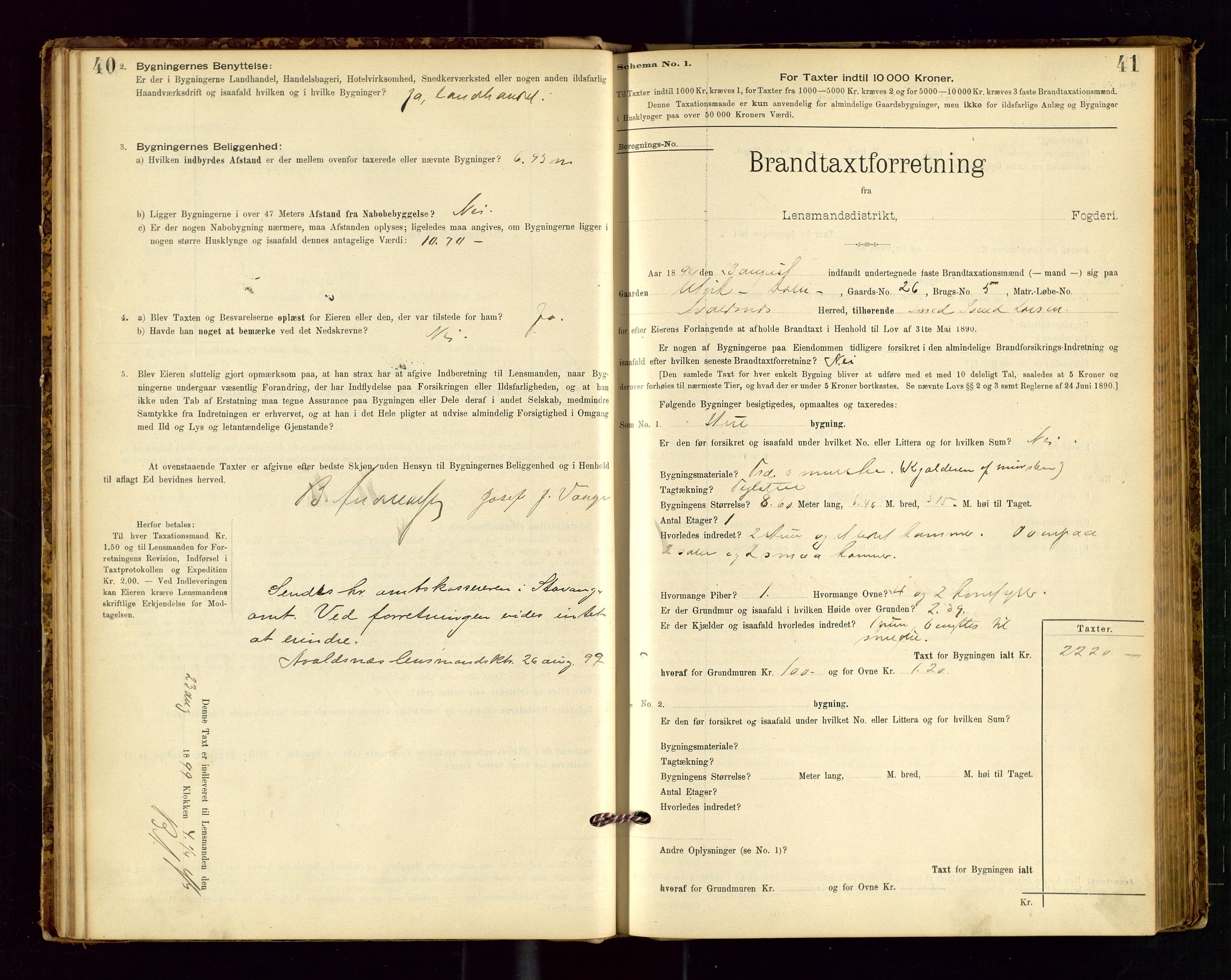 Avaldsnes lensmannskontor, SAST/A-100286/Gob/L0001: "Brandtaxationsprotokol for Avaldsnes Lensmandsdistrikt Ryfylke Fogderi", 1894-1925, s. 40-41