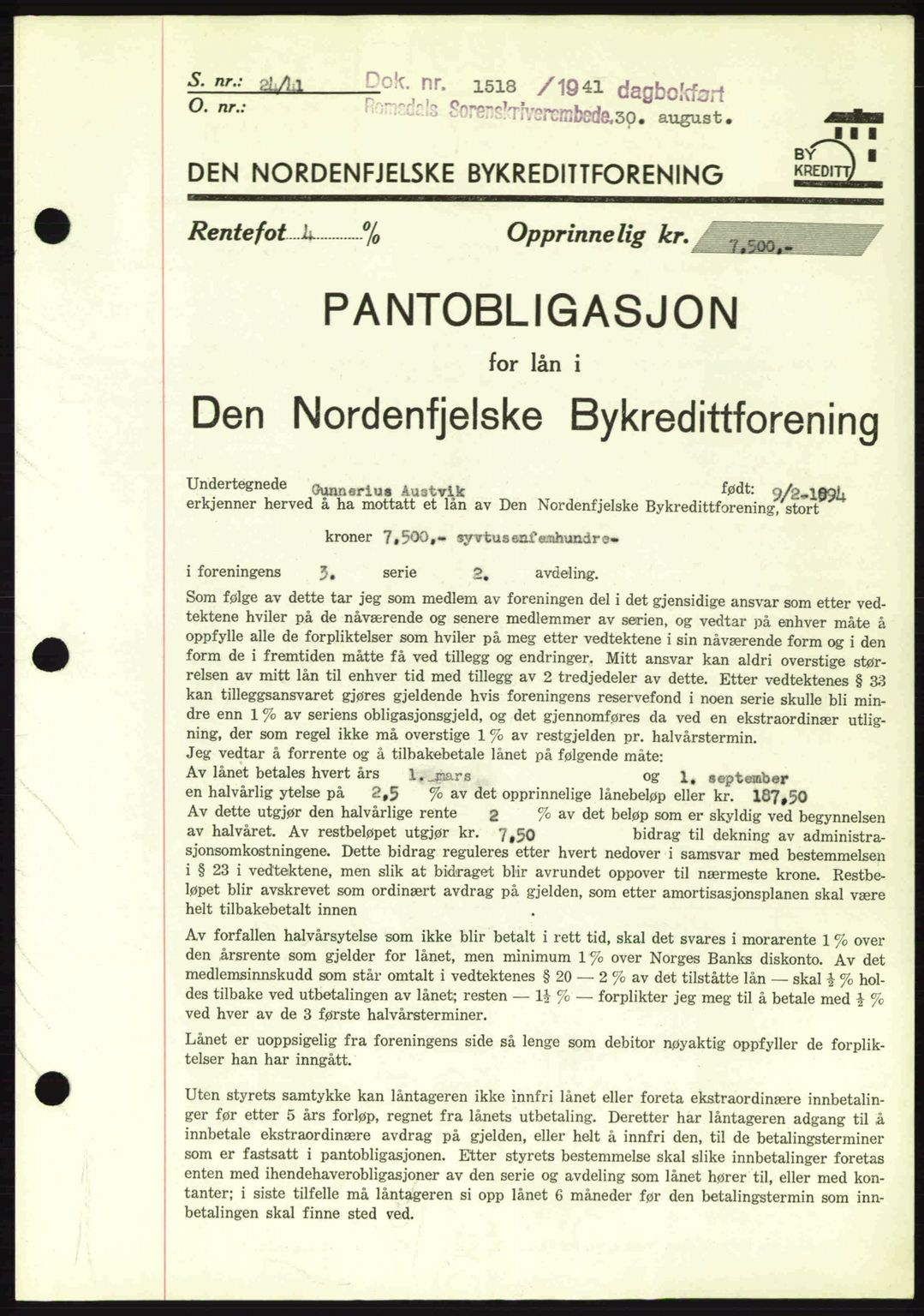Romsdal sorenskriveri, SAT/A-4149/1/2/2C: Pantebok nr. B2, 1939-1945, Dagboknr: 1518/1941