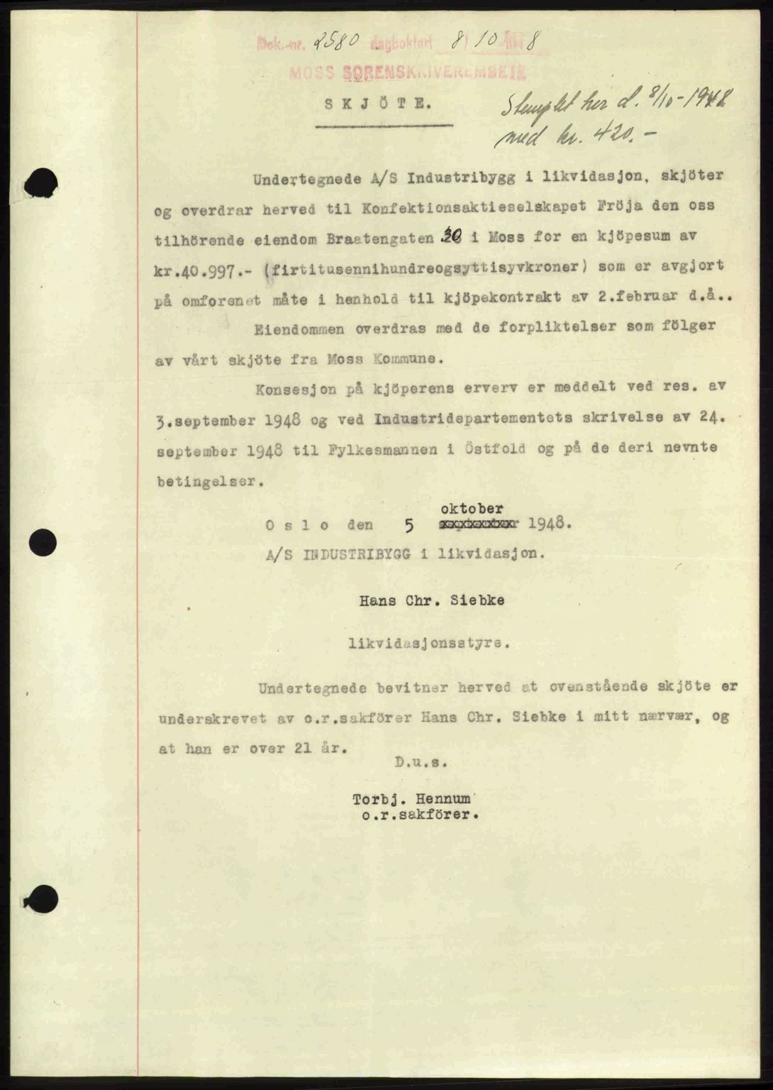 Moss sorenskriveri, SAO/A-10168: Pantebok nr. A20, 1948-1948, Dagboknr: 2580/1948