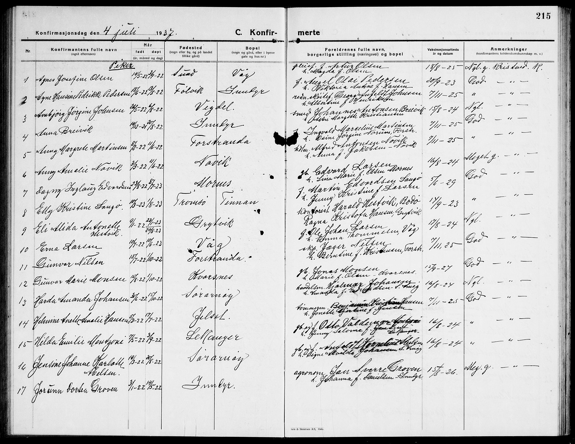 Ministerialprotokoller, klokkerbøker og fødselsregistre - Nordland, AV/SAT-A-1459/805/L0111: Klokkerbok nr. 805C07, 1925-1943, s. 215