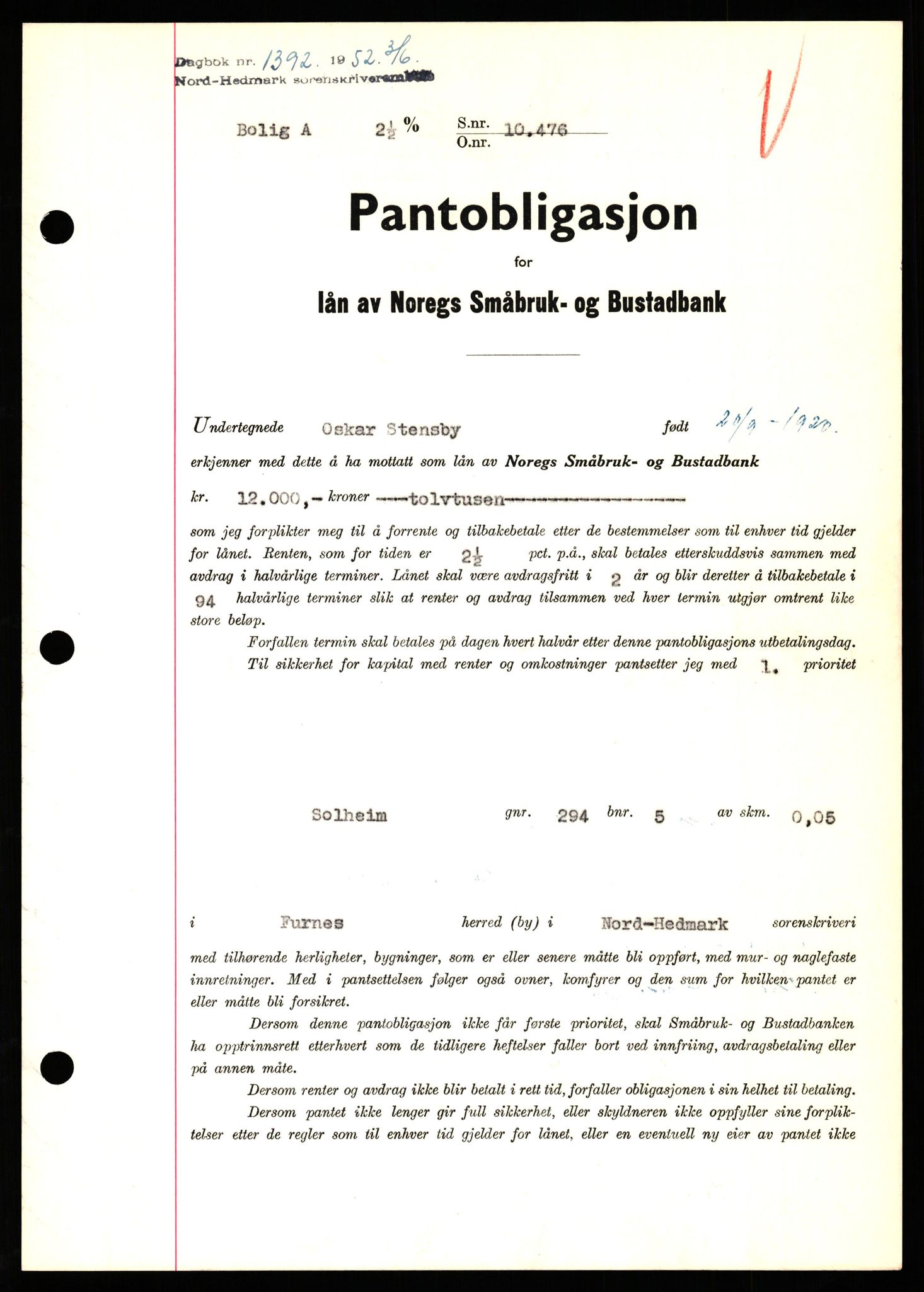 Nord-Hedmark sorenskriveri, SAH/TING-012/H/Hb/Hbf/L0025: Pantebok nr. B25, 1952-1952, Dagboknr: 1392/1952