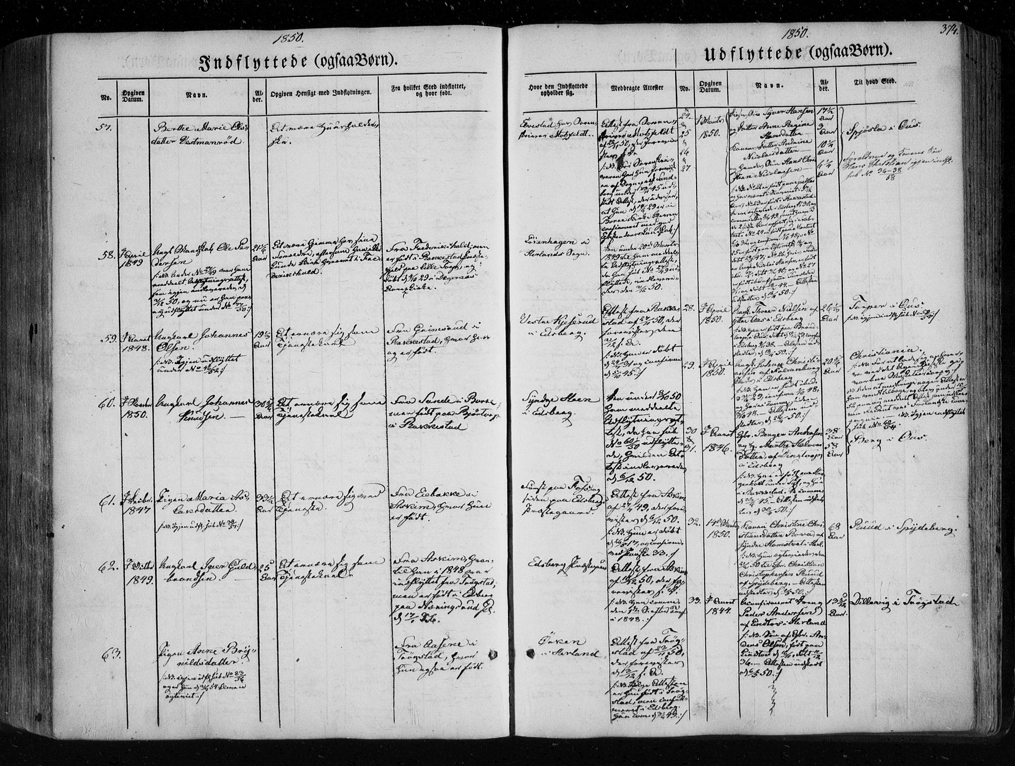 Eidsberg prestekontor Kirkebøker, AV/SAO-A-10905/F/Fa/L0009: Ministerialbok nr. I 9, 1849-1856, s. 374