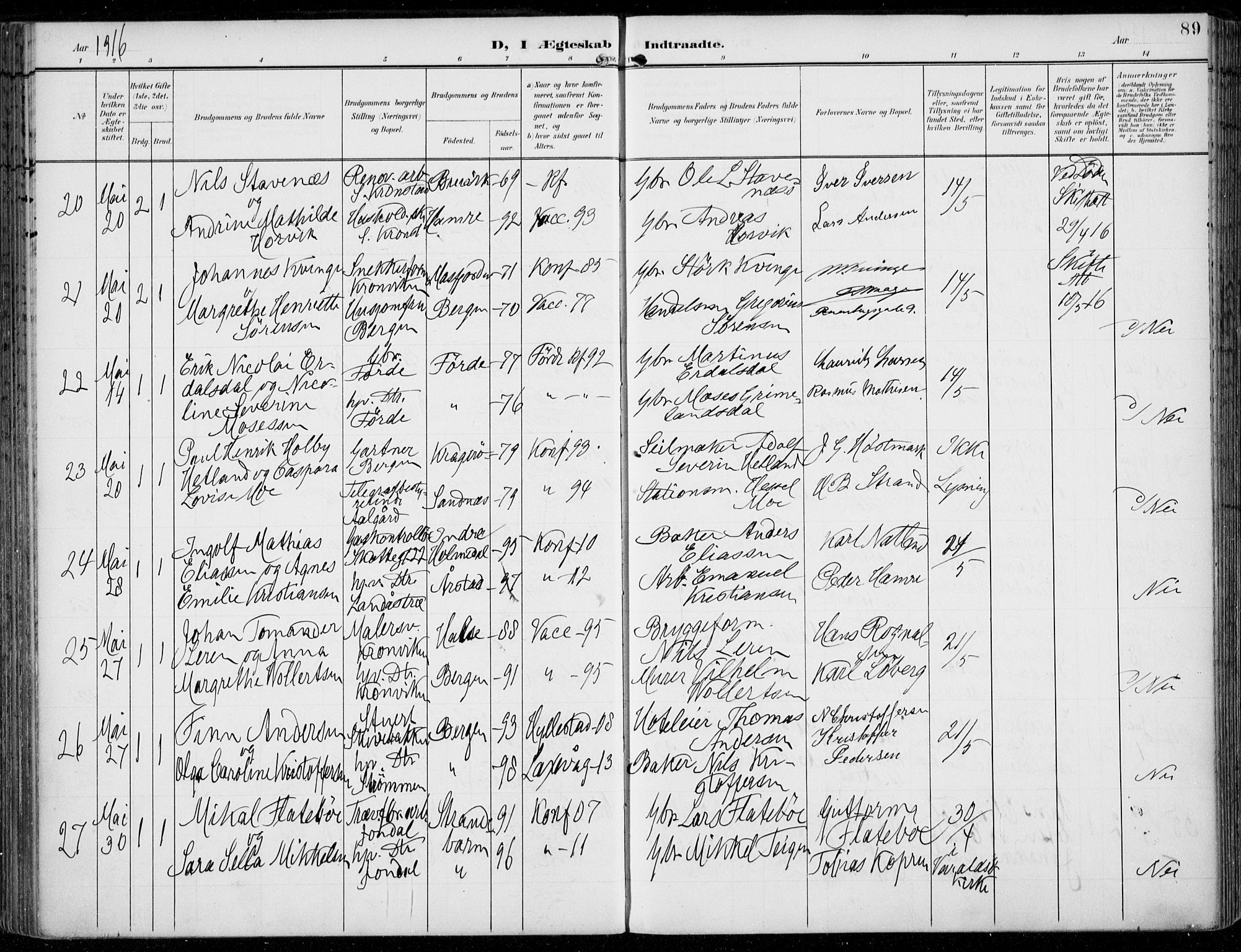 Årstad Sokneprestembete, AV/SAB-A-79301/H/Haa/L0009: Ministerialbok nr. C 1, 1902-1918, s. 89