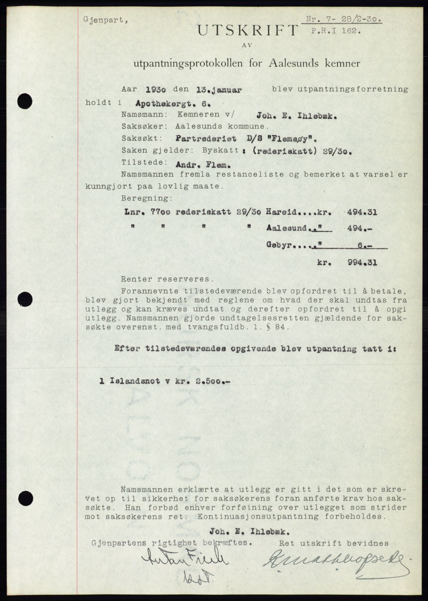 Ålesund byfogd, AV/SAT-A-4384: Pantebok nr. 26, 1930-1930, Tingl.dato: 28.02.1930