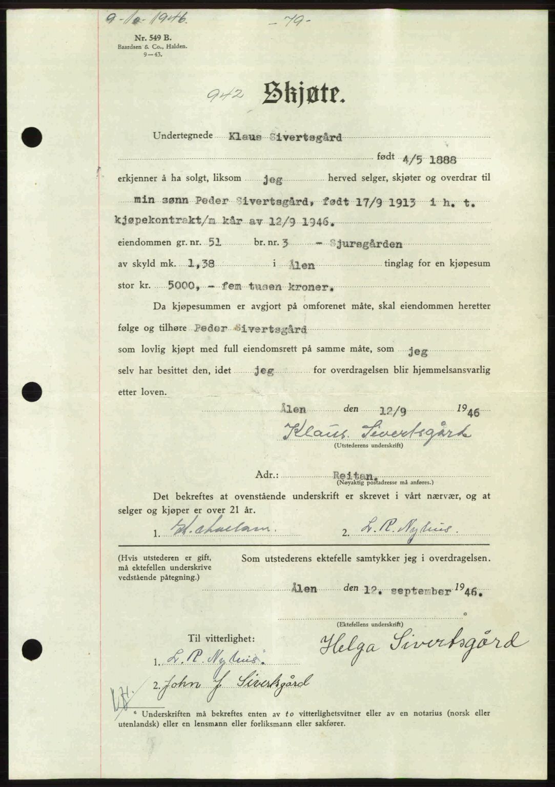 Gauldal sorenskriveri, SAT/A-0014/1/2/2C: Pantebok nr. A2, 1946-1946, Dagboknr: 942/1946