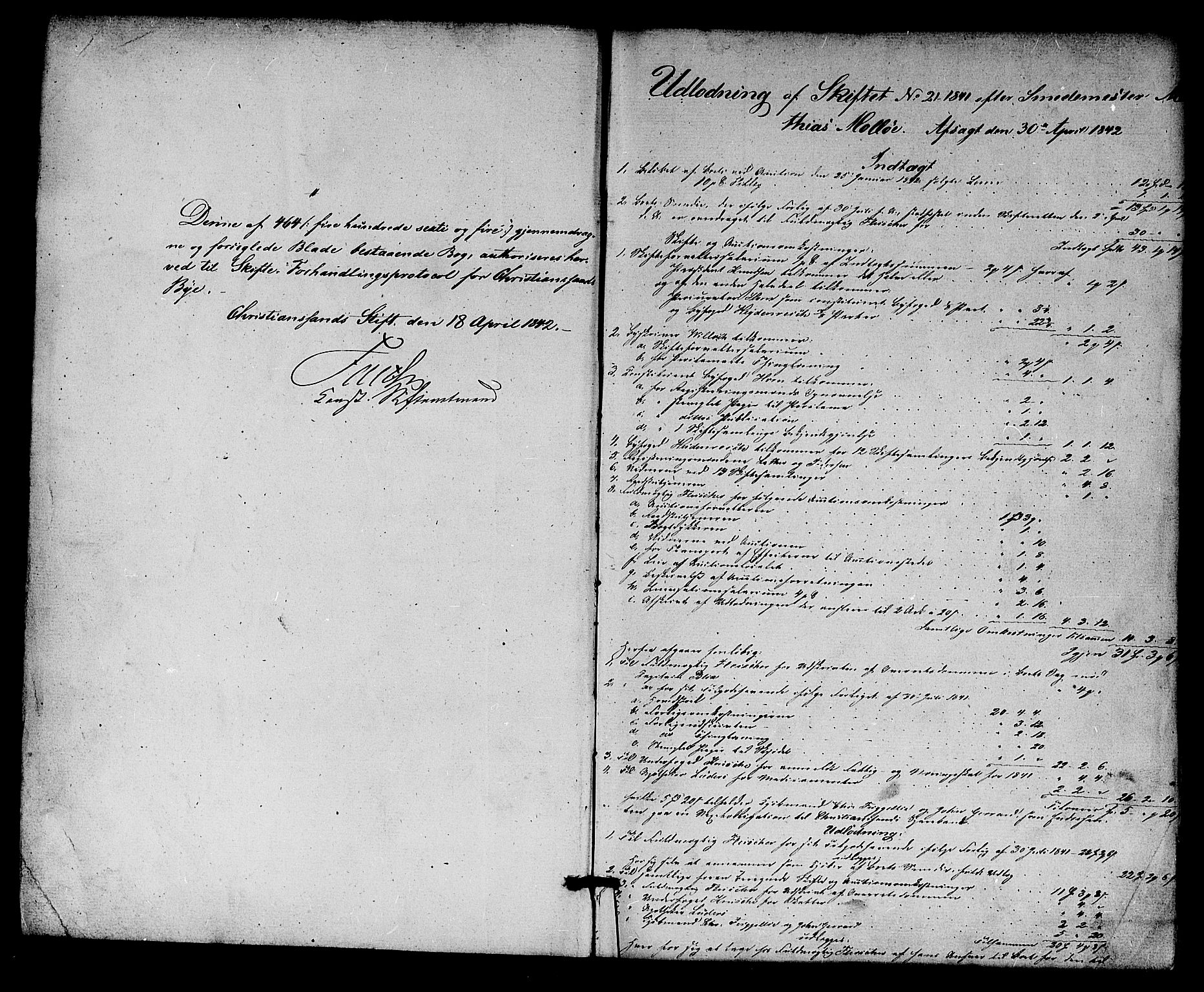 Kristiansand byrett, AV/SAK-1223-0001/H/Hc/L0023: Skifteprotokoll nr. 19, 1842-1845, s. 0b-1a