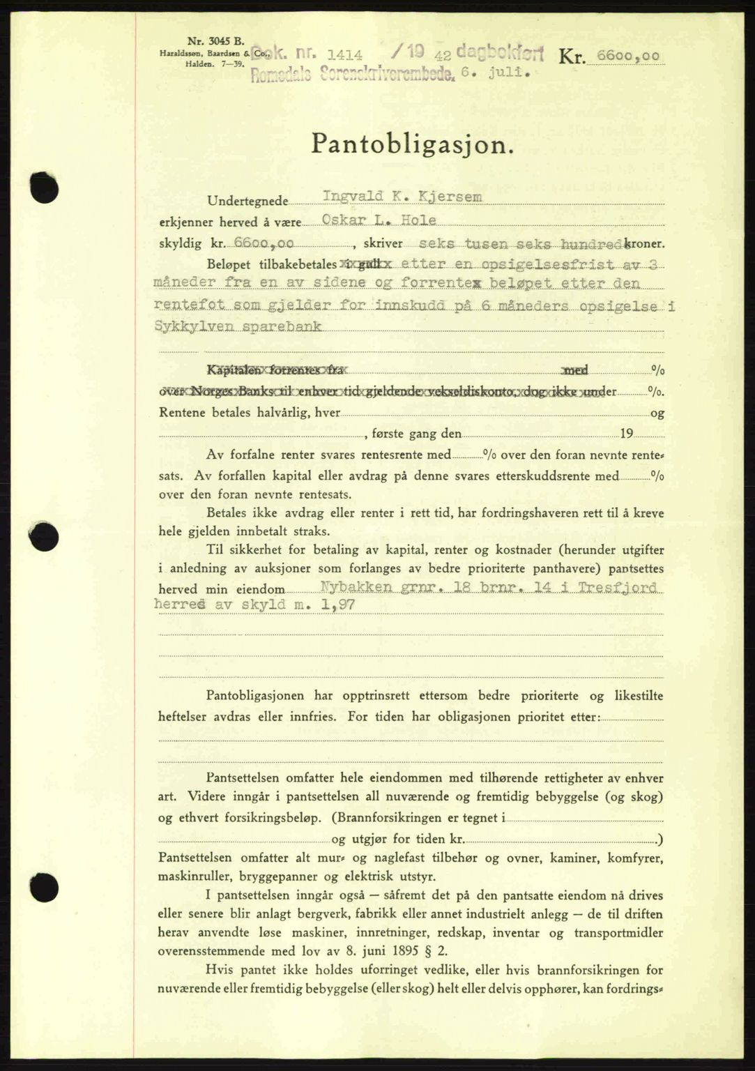Romsdal sorenskriveri, SAT/A-4149/1/2/2C: Pantebok nr. B2, 1939-1945, Dagboknr: 1414/1942