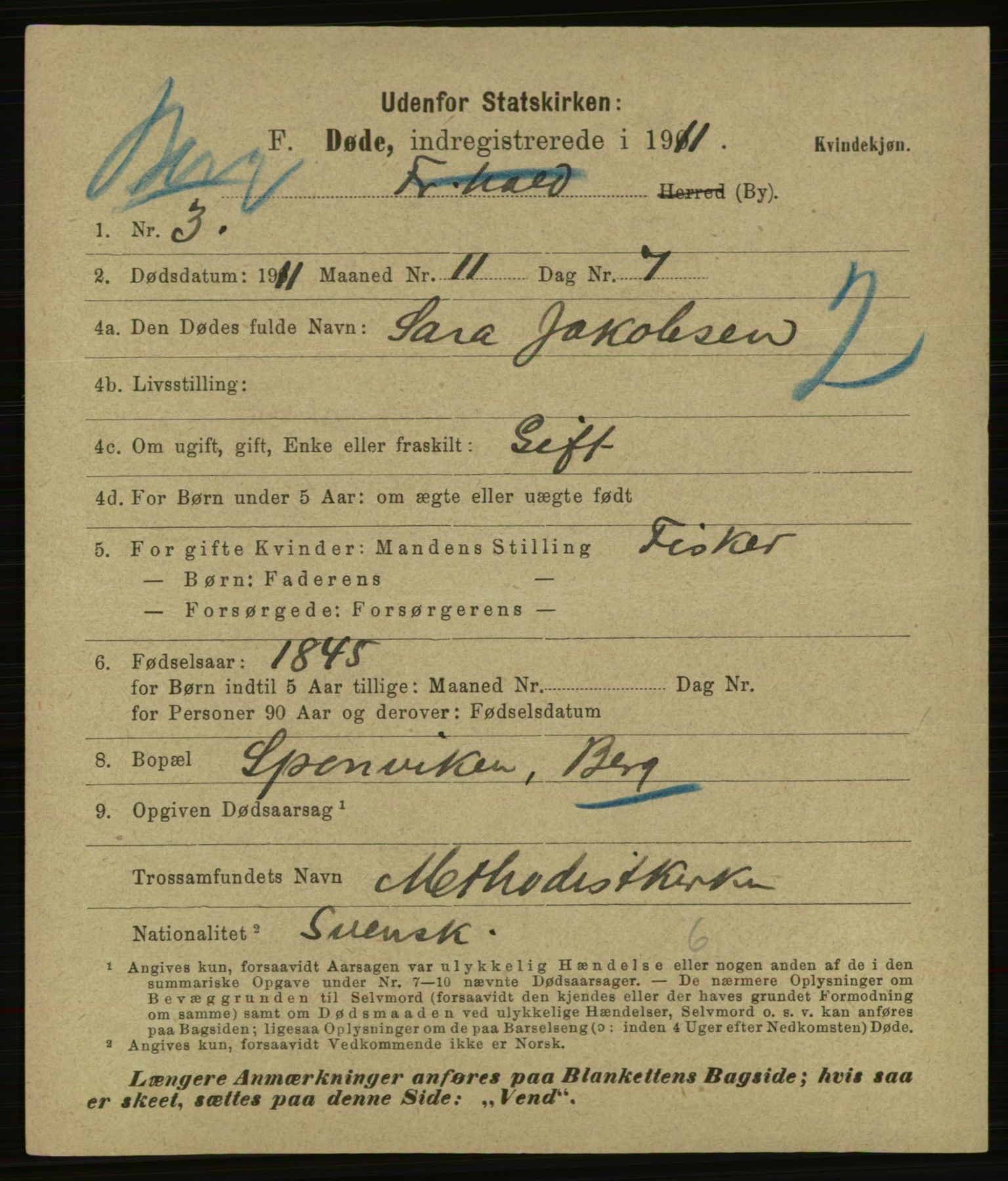 Statistisk sentralbyrå, Sosiodemografiske emner, Befolkning, AV/RA-S-2228/E/L0009: Fødte, gifte, døde dissentere., 1911, s. 2263