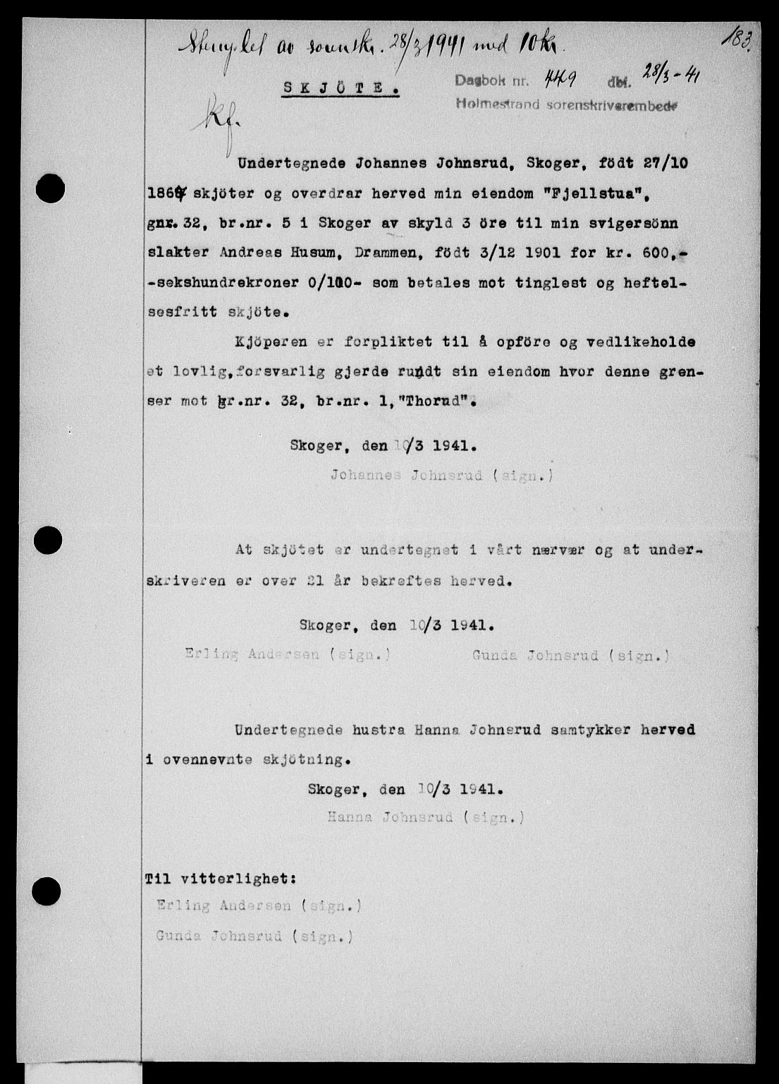 Holmestrand sorenskriveri, SAKO/A-67/G/Ga/Gaa/L0053: Pantebok nr. A-53, 1941-1941, Dagboknr: 449/1941