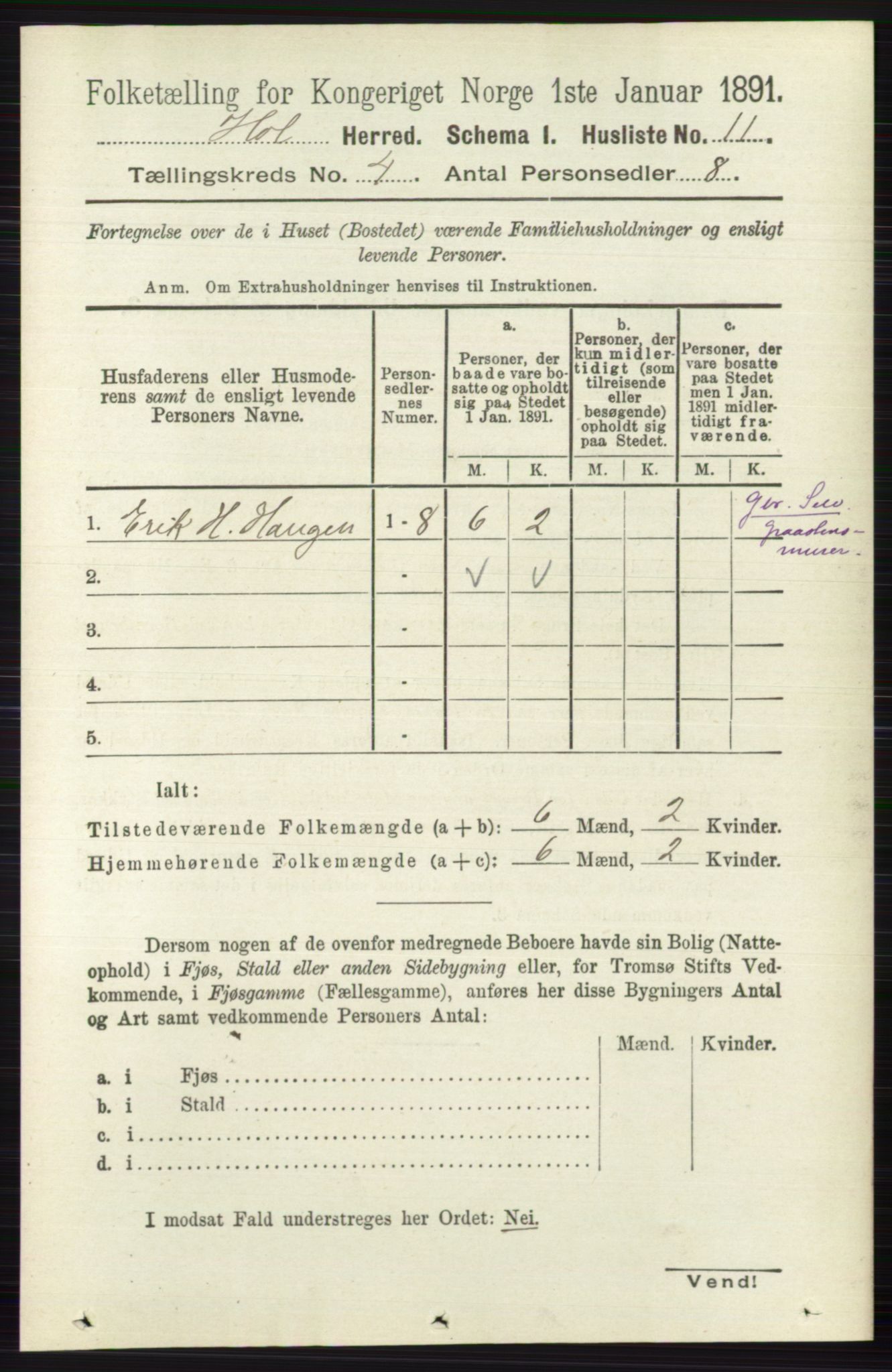 RA, Folketelling 1891 for 0620 Hol herred, 1891, s. 1236