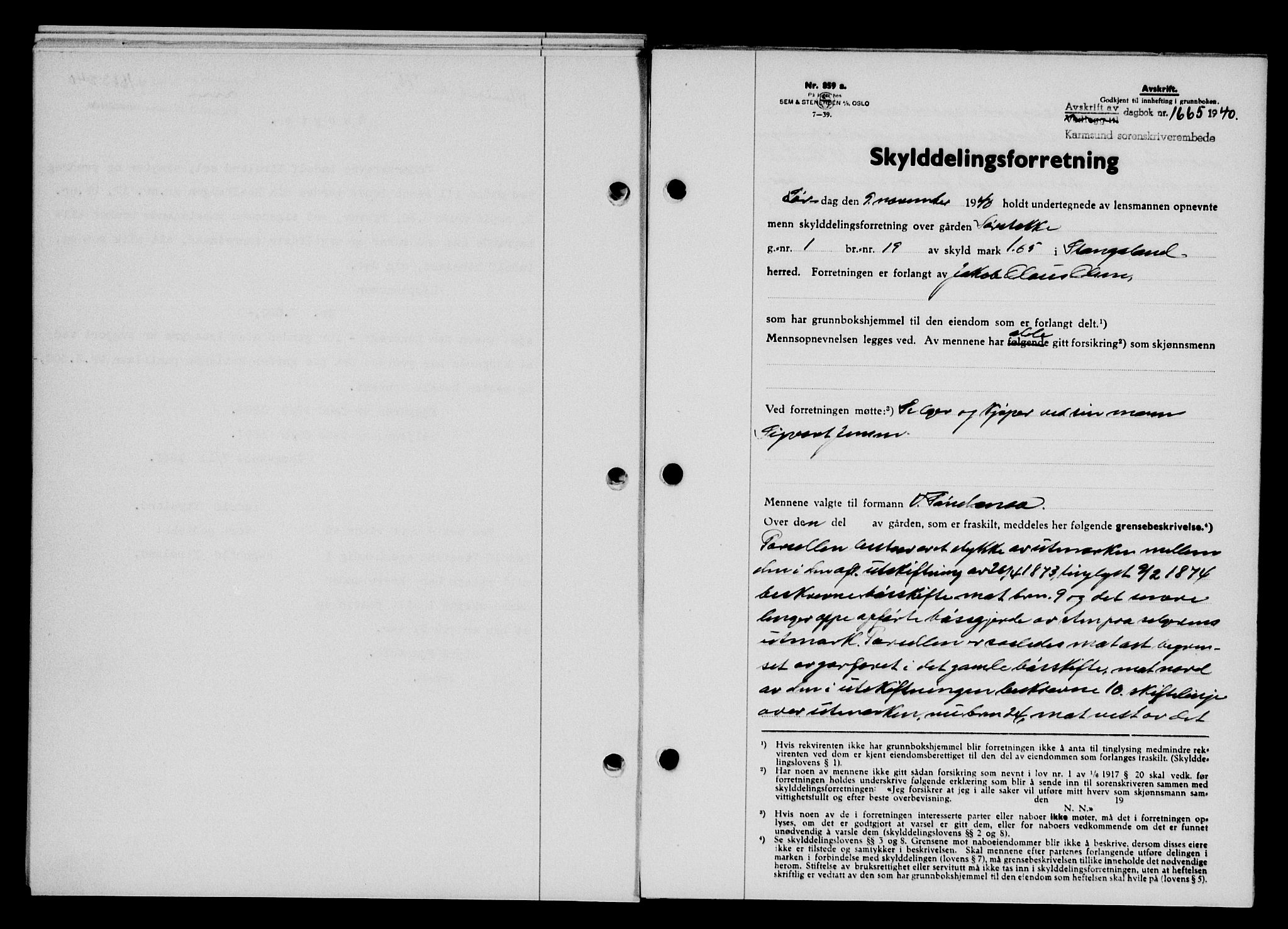 Karmsund sorenskriveri, SAST/A-100311/01/II/IIB/L0074: Pantebok nr. 55A, 1940-1941, Dagboknr: 1665/1940