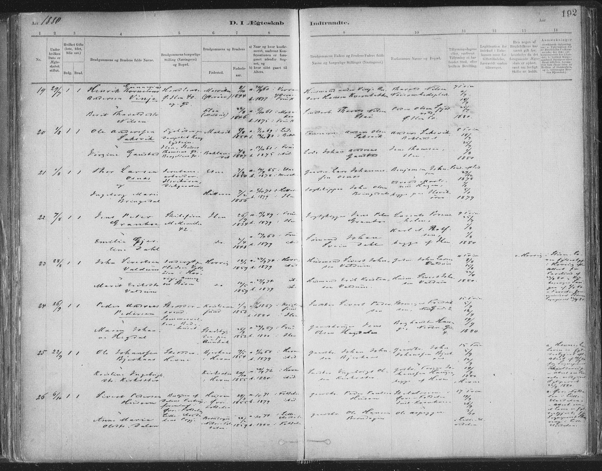 Ministerialprotokoller, klokkerbøker og fødselsregistre - Sør-Trøndelag, SAT/A-1456/603/L0162: Ministerialbok nr. 603A01, 1879-1895, s. 192
