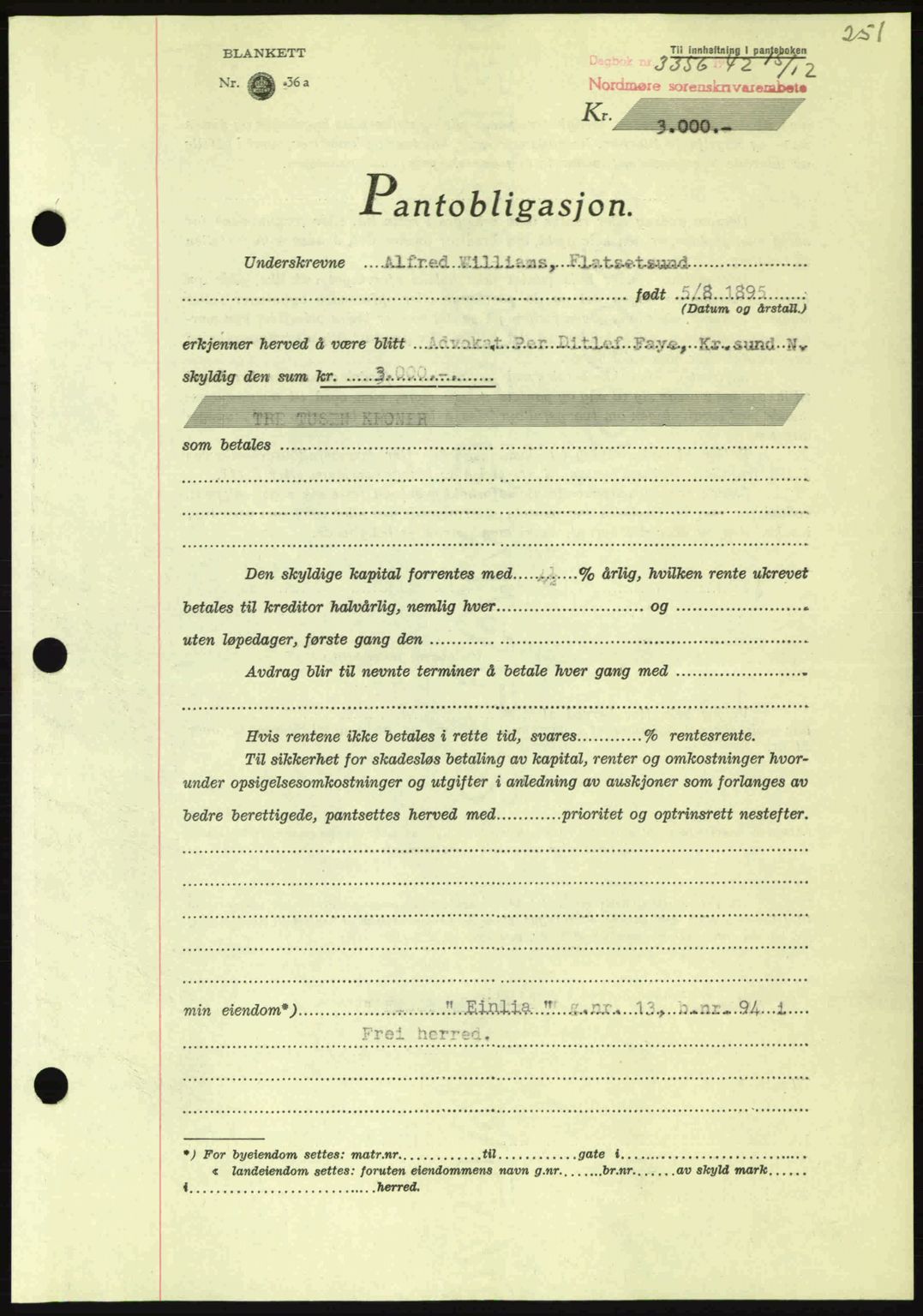 Nordmøre sorenskriveri, SAT/A-4132/1/2/2Ca: Pantebok nr. B90, 1942-1943, Dagboknr: 3356/1942