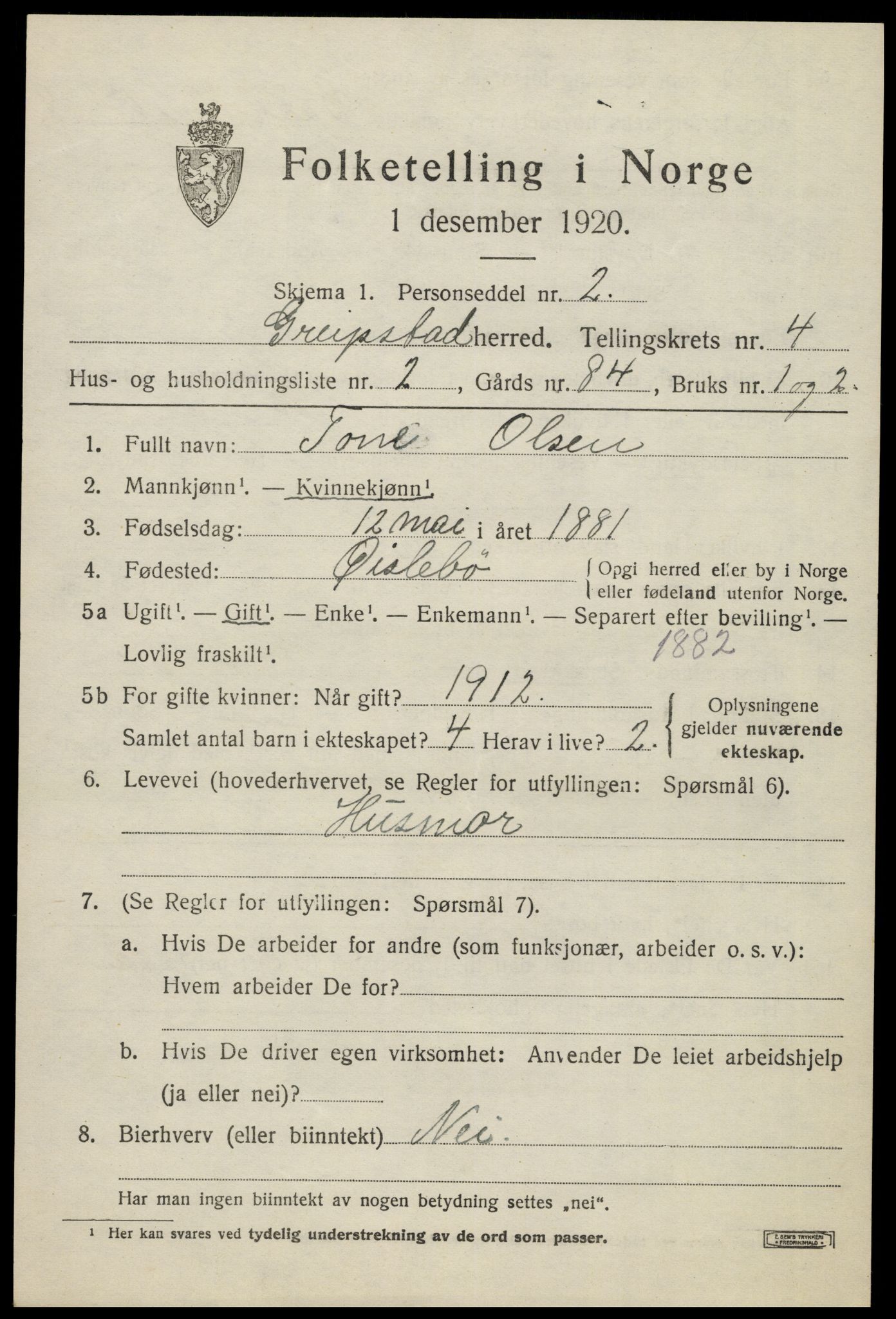 SAK, Folketelling 1920 for 1017 Greipstad herred, 1920, s. 1516