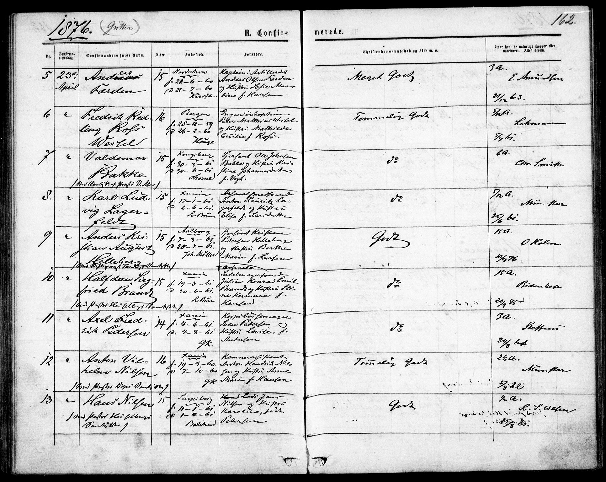 Garnisonsmenigheten Kirkebøker, AV/SAO-A-10846/F/Fa/L0011: Ministerialbok nr. 11, 1870-1880, s. 162