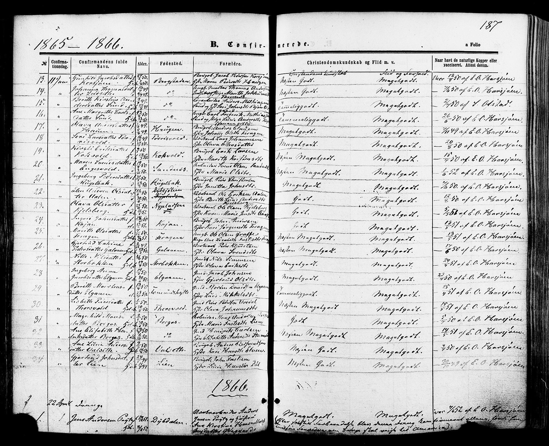 Ministerialprotokoller, klokkerbøker og fødselsregistre - Sør-Trøndelag, SAT/A-1456/681/L0932: Ministerialbok nr. 681A10, 1860-1878, s. 187