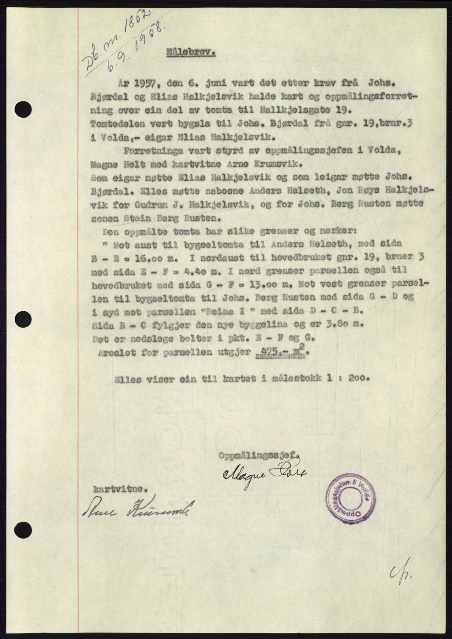 Søre Sunnmøre sorenskriveri, AV/SAT-A-4122/1/2/2C/L0110: Pantebok nr. 36A, 1958-1958, Dagboknr: 1852/1958
