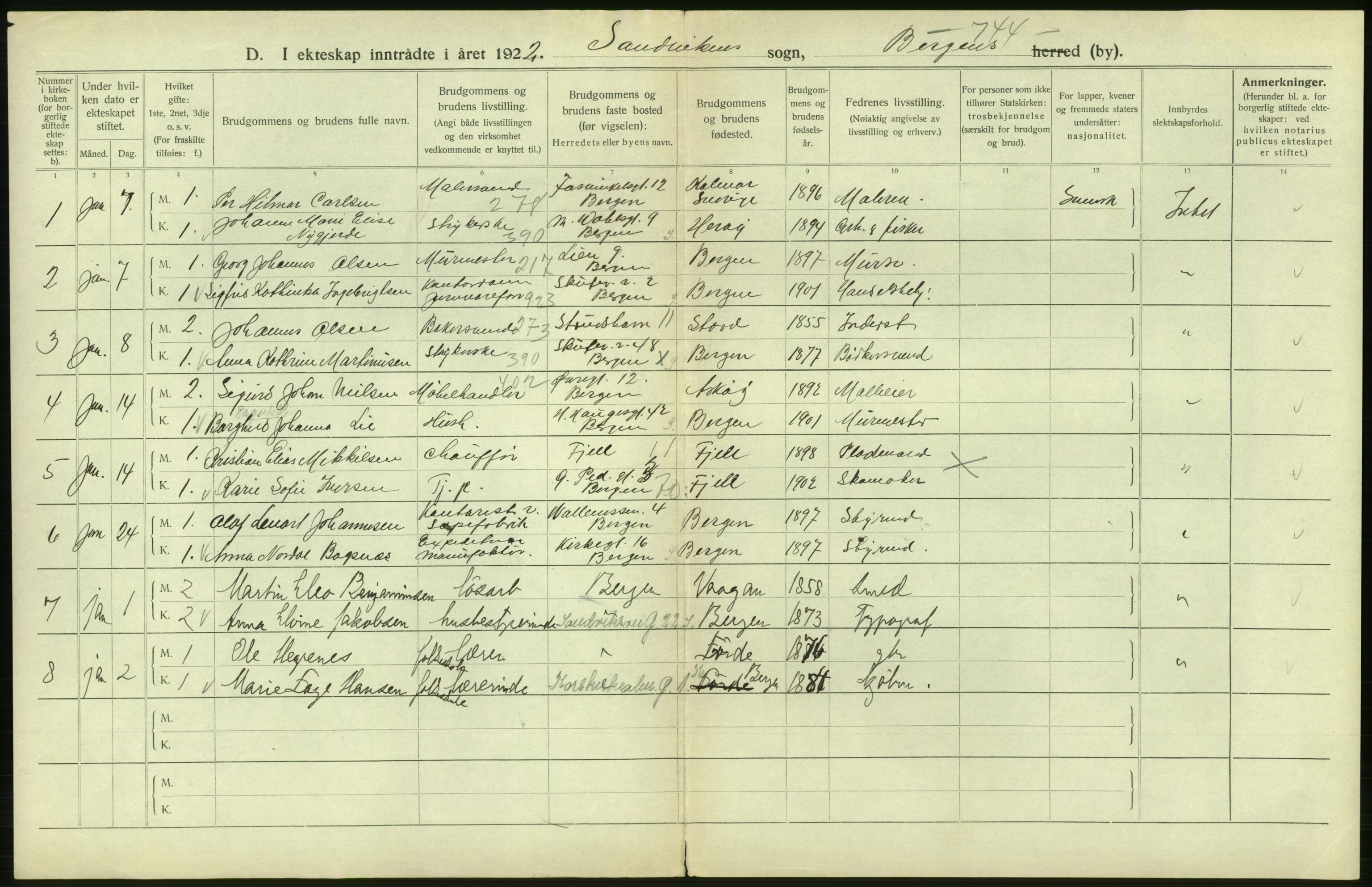 Statistisk sentralbyrå, Sosiodemografiske emner, Befolkning, AV/RA-S-2228/D/Df/Dfc/Dfcb/L0030: Bergen: Gifte, døde, dødfødte., 1922, s. 80