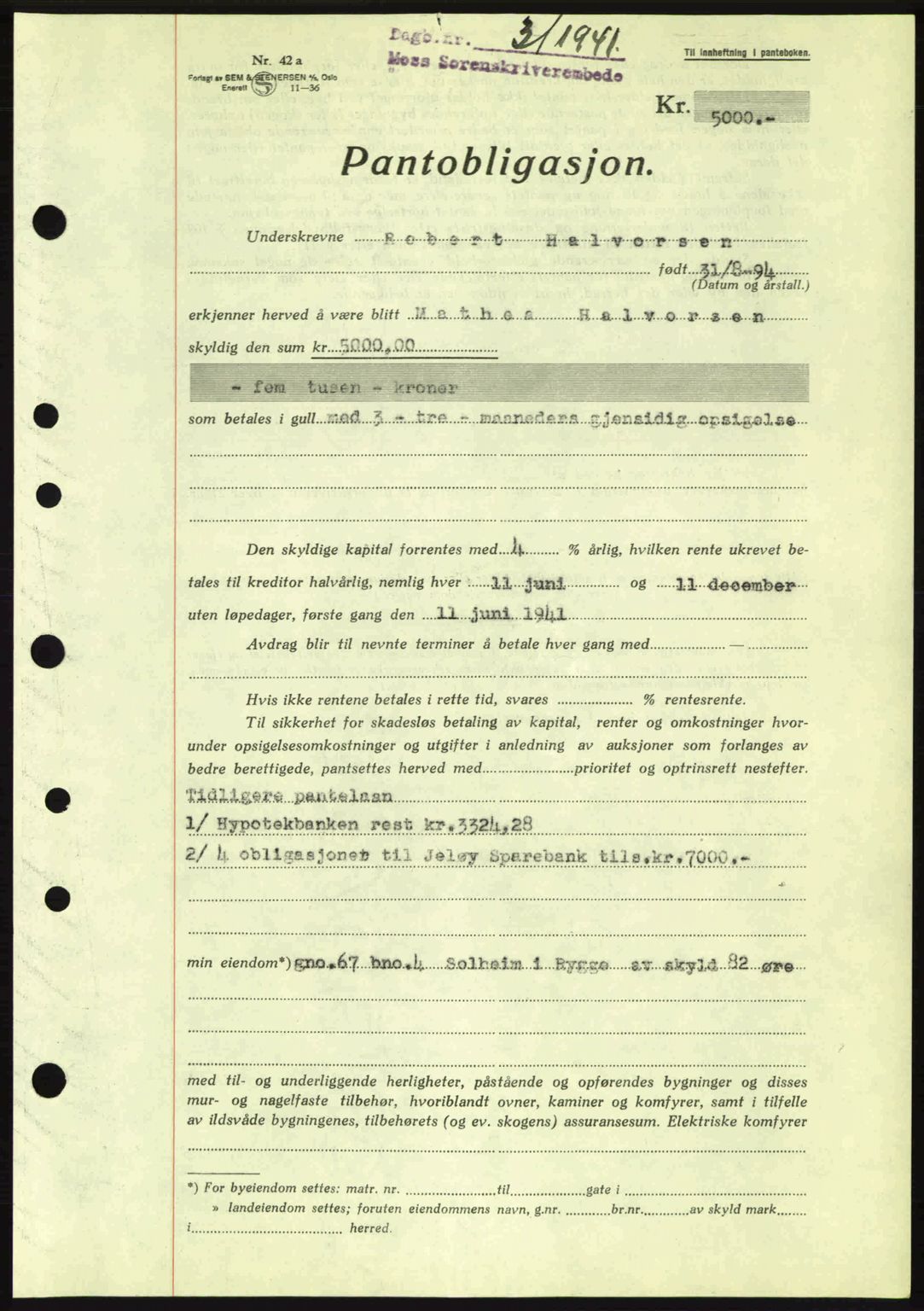 Moss sorenskriveri, SAO/A-10168: Pantebok nr. B10, 1940-1941, Dagboknr: 3/1941