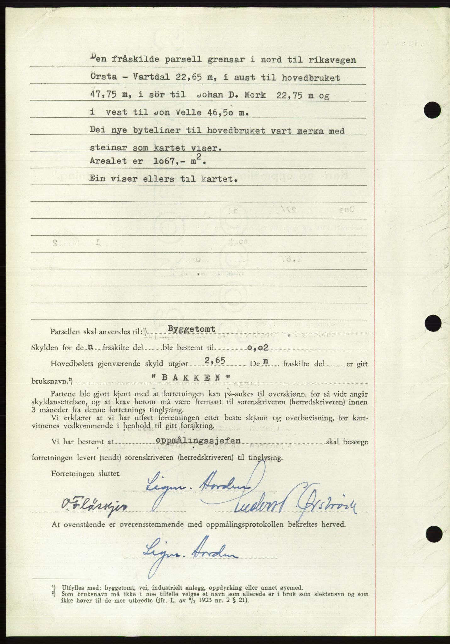 Søre Sunnmøre sorenskriveri, AV/SAT-A-4122/1/2/2C/L0099: Pantebok nr. 25A, 1954-1954, Dagboknr: 3067/1954