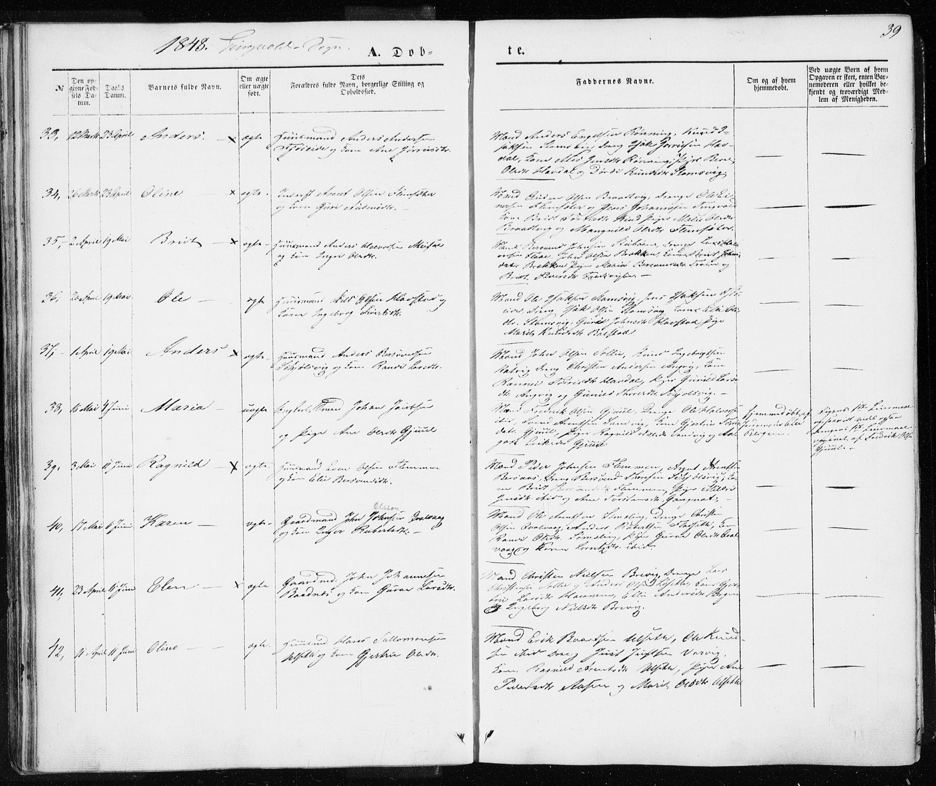 Ministerialprotokoller, klokkerbøker og fødselsregistre - Møre og Romsdal, AV/SAT-A-1454/586/L0984: Ministerialbok nr. 586A10, 1844-1856, s. 39