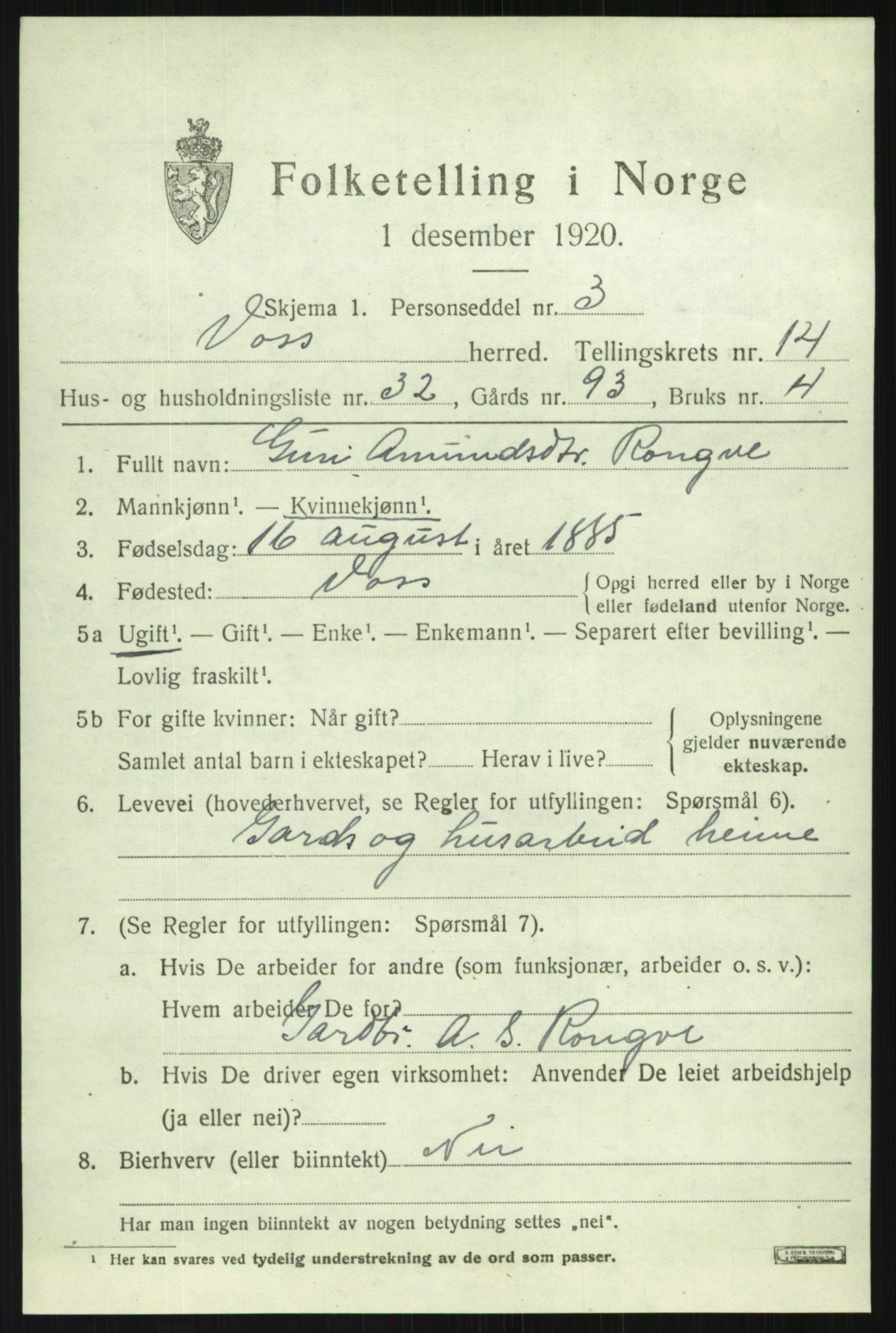 SAB, Folketelling 1920 for 1235 Voss herred, 1920, s. 12123