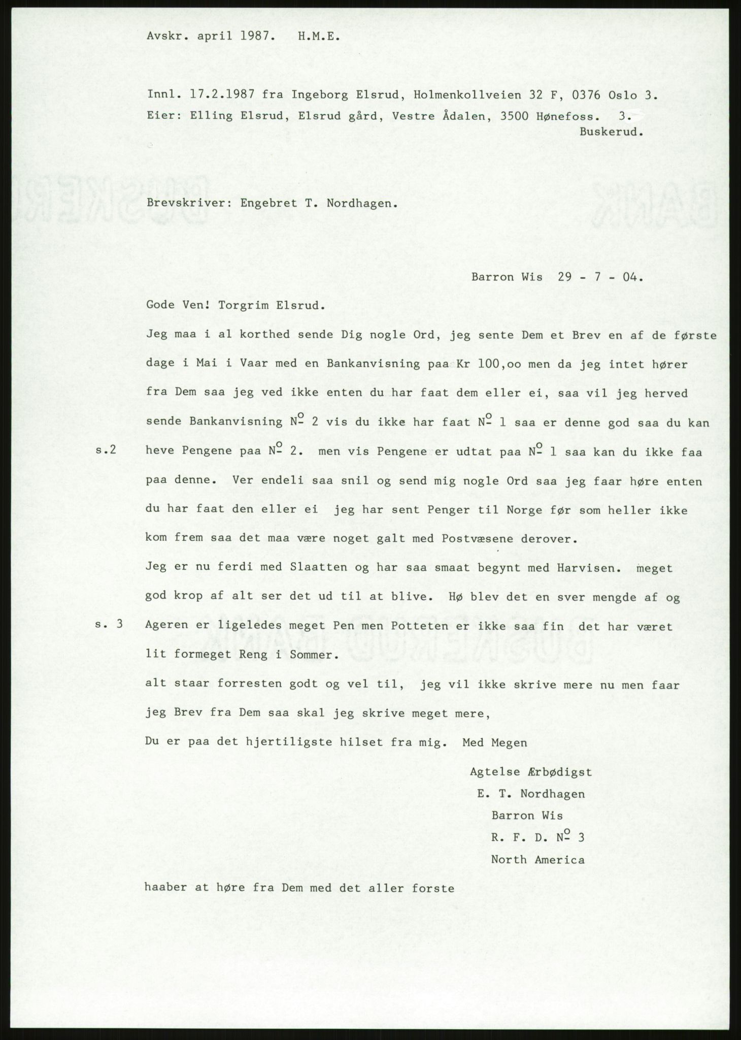 Samlinger til kildeutgivelse, Amerikabrevene, AV/RA-EA-4057/F/L0018: Innlån fra Buskerud: Elsrud, 1838-1914, s. 1065