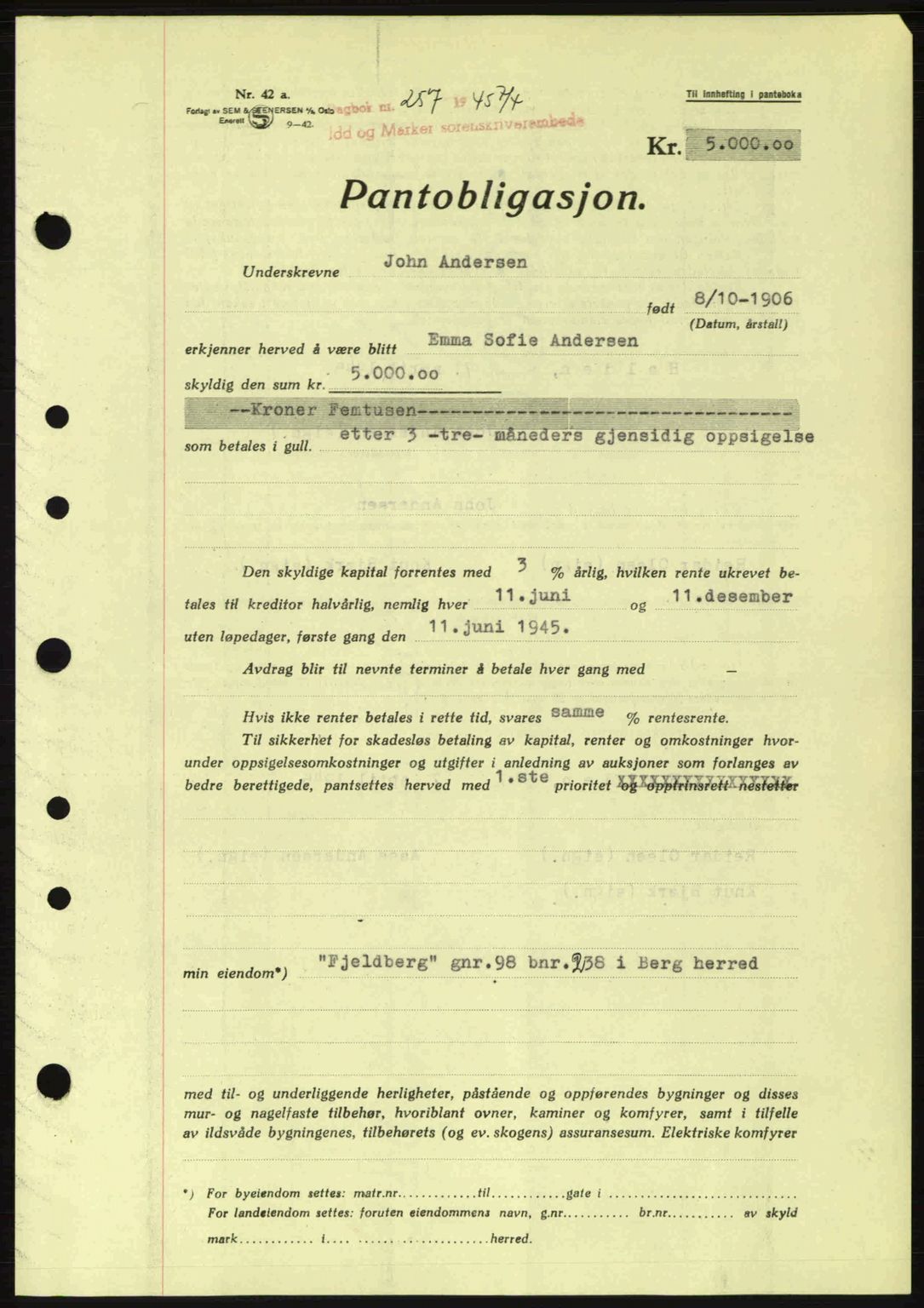 Idd og Marker sorenskriveri, AV/SAO-A-10283/G/Gb/Gbc/L0002: Pantebok nr. B4-9a, 1939-1945, Dagboknr: 257/1945