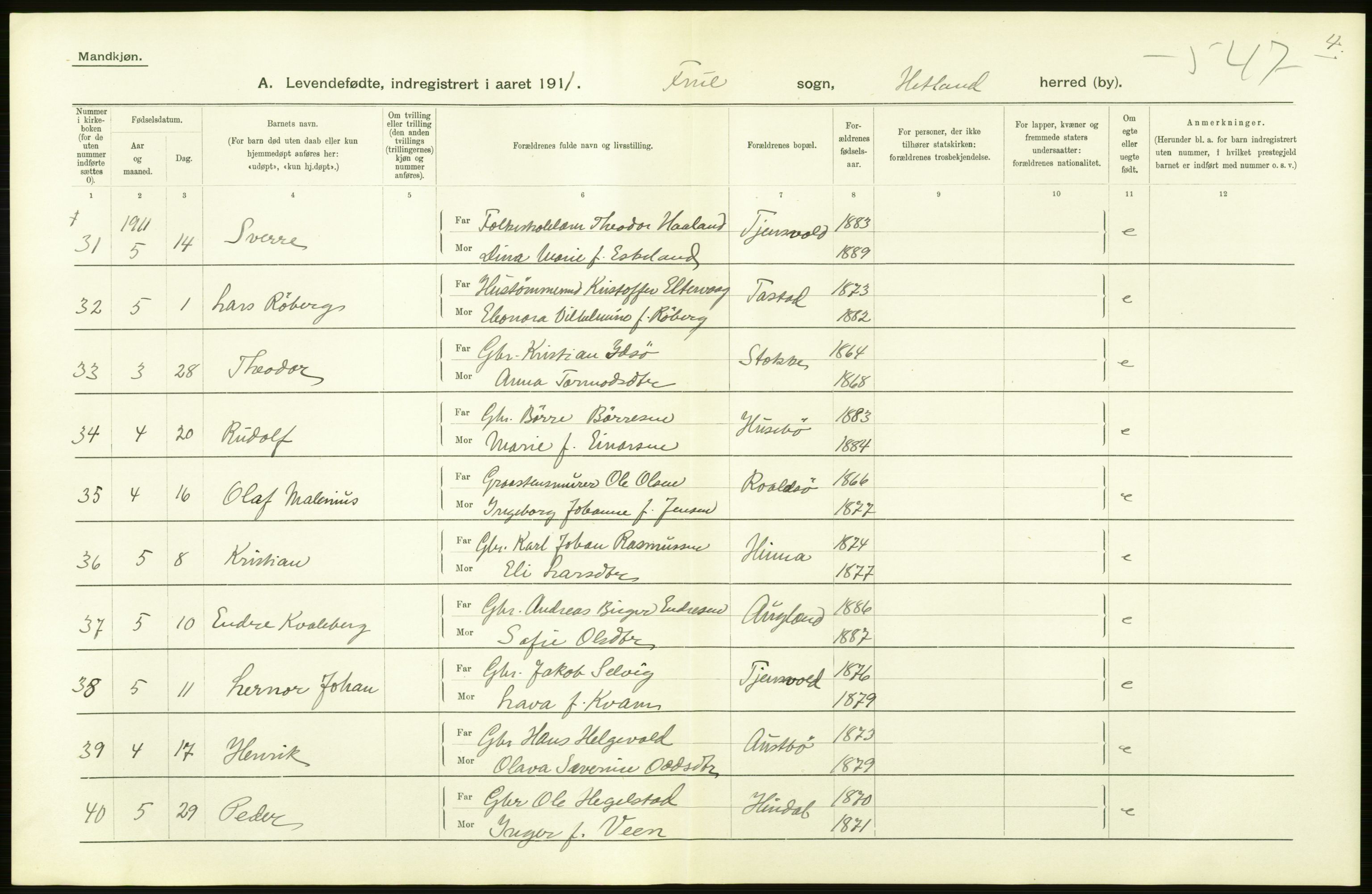 Statistisk sentralbyrå, Sosiodemografiske emner, Befolkning, RA/S-2228/D/Df/Dfb/Dfba/L0025: Stavanger amt:  Levendefødte menn og kvinner. Bygder., 1911, s. 16