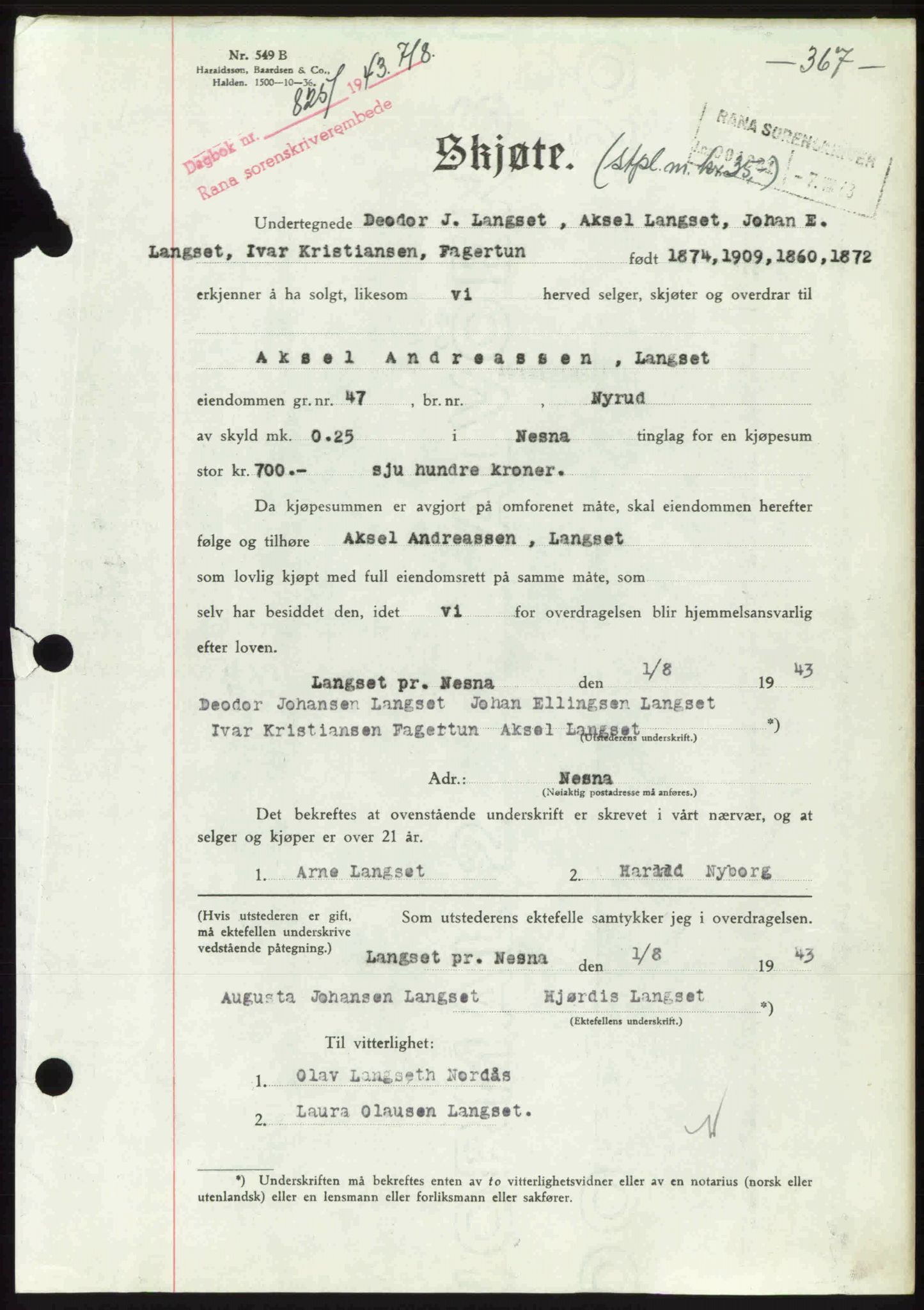 Rana sorenskriveri , SAT/A-1108/1/2/2C: Pantebok nr. A 10, 1942-1943, Dagboknr: 825/1943