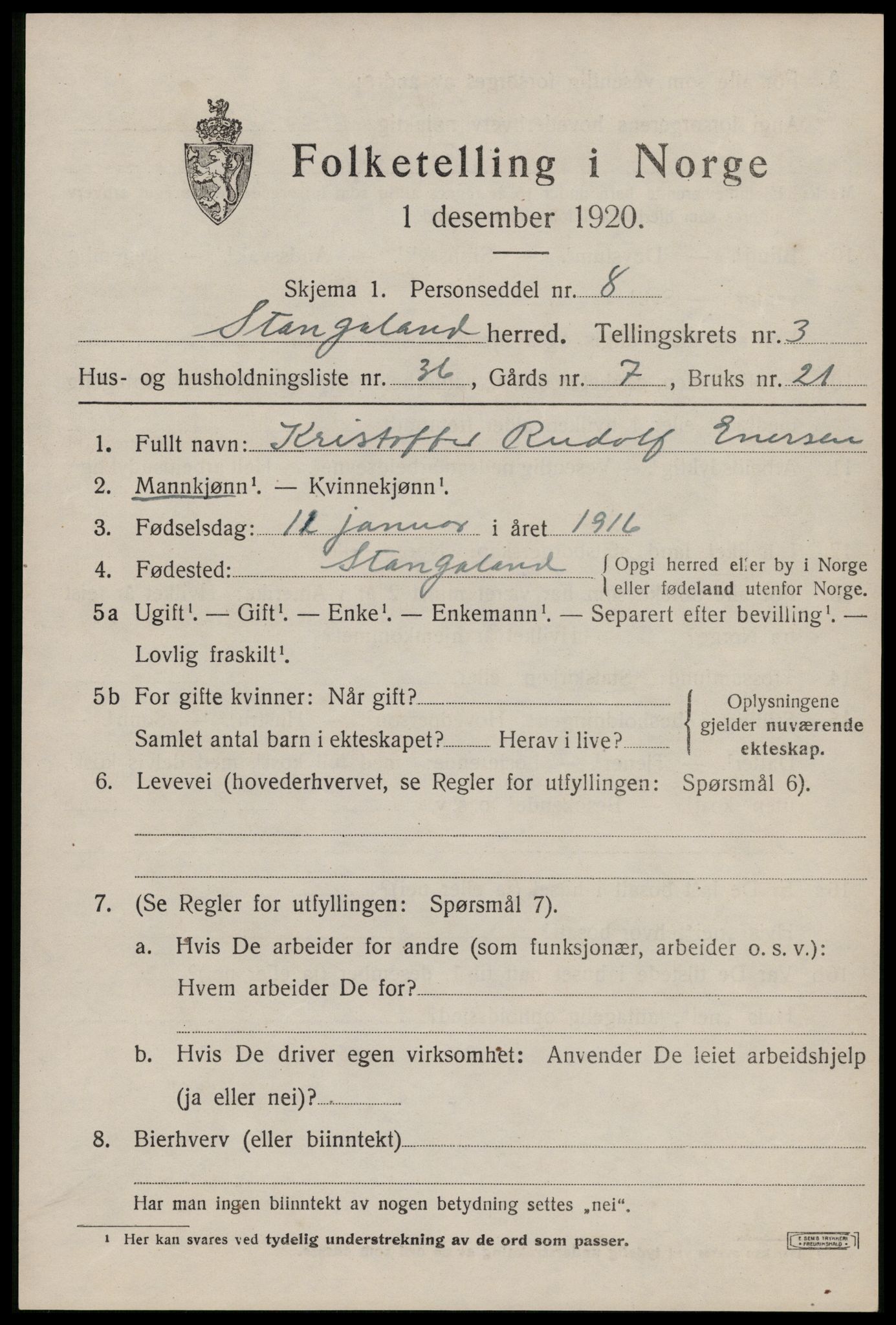 SAST, Folketelling 1920 for 1148 Stangaland herred, 1920, s. 2729