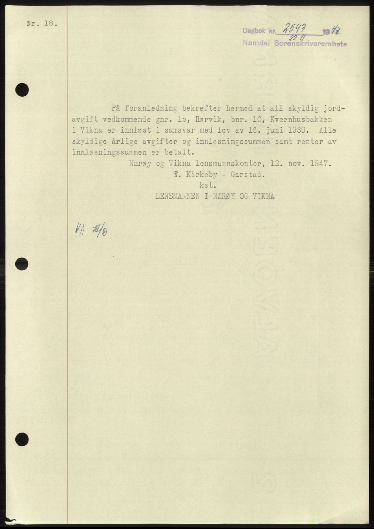 Namdal sorenskriveri, SAT/A-4133/1/2/2C: Pantebok nr. -, 1947-1948, Dagboknr: 2593/1947