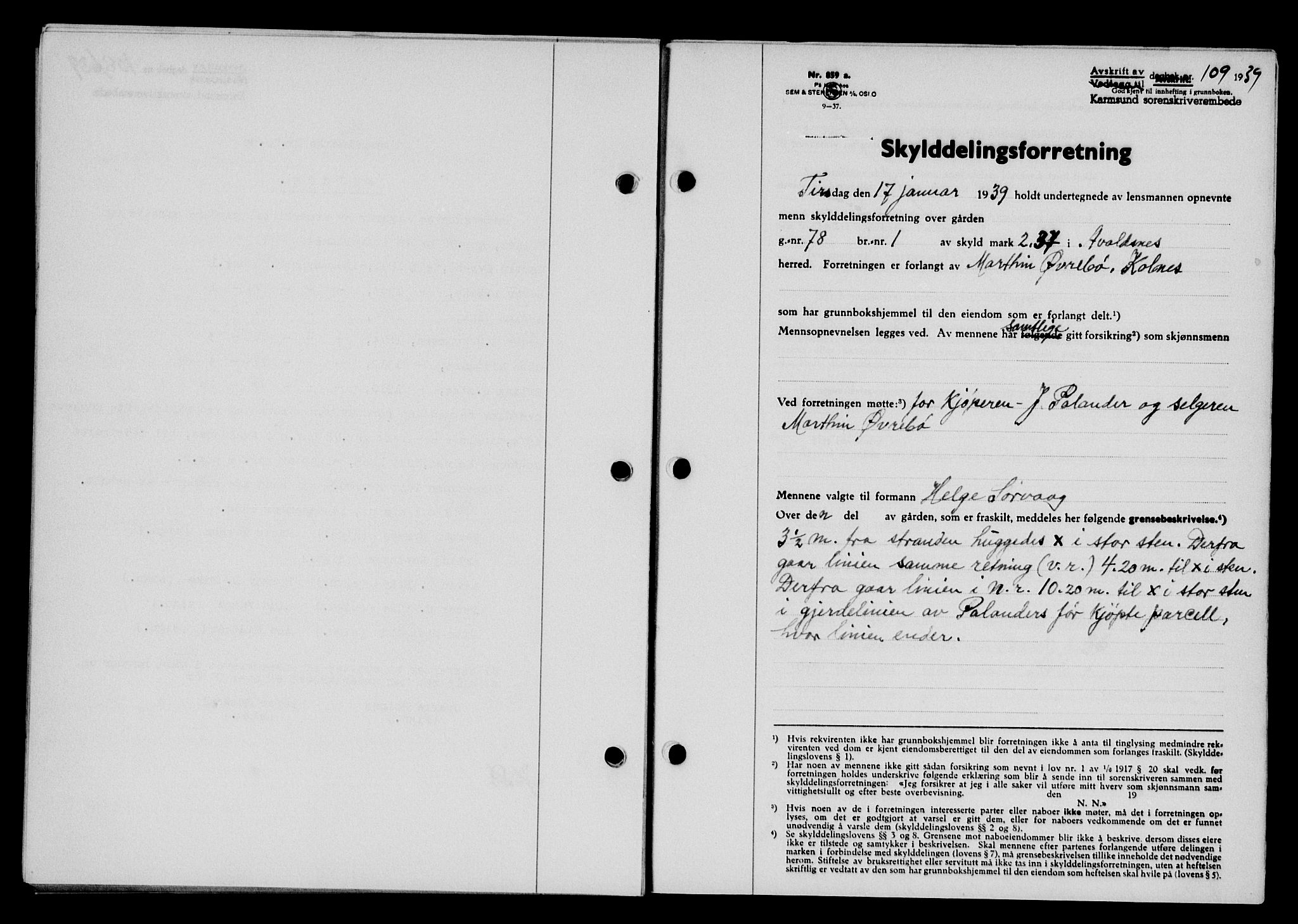 Karmsund sorenskriveri, SAST/A-100311/01/II/IIB/L0070: Pantebok nr. 51A, 1938-1939, Dagboknr: 109/1939