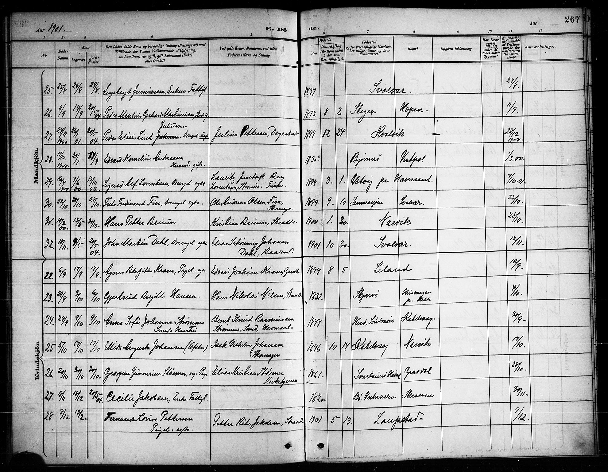 Ministerialprotokoller, klokkerbøker og fødselsregistre - Nordland, AV/SAT-A-1459/874/L1078: Klokkerbok nr. 874C07, 1900-1907, s. 267