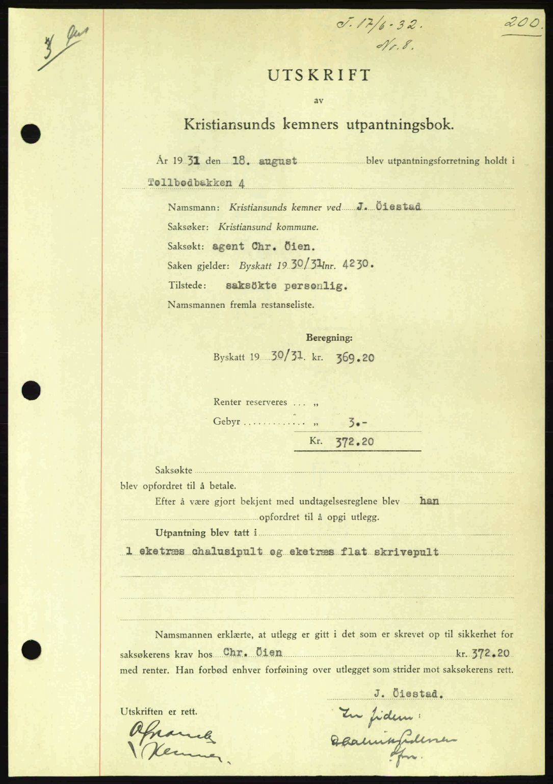 Kristiansund byfogd, AV/SAT-A-4587/A/27: Pantebok nr. 26, 1931-1933, Tingl.dato: 17.06.1932