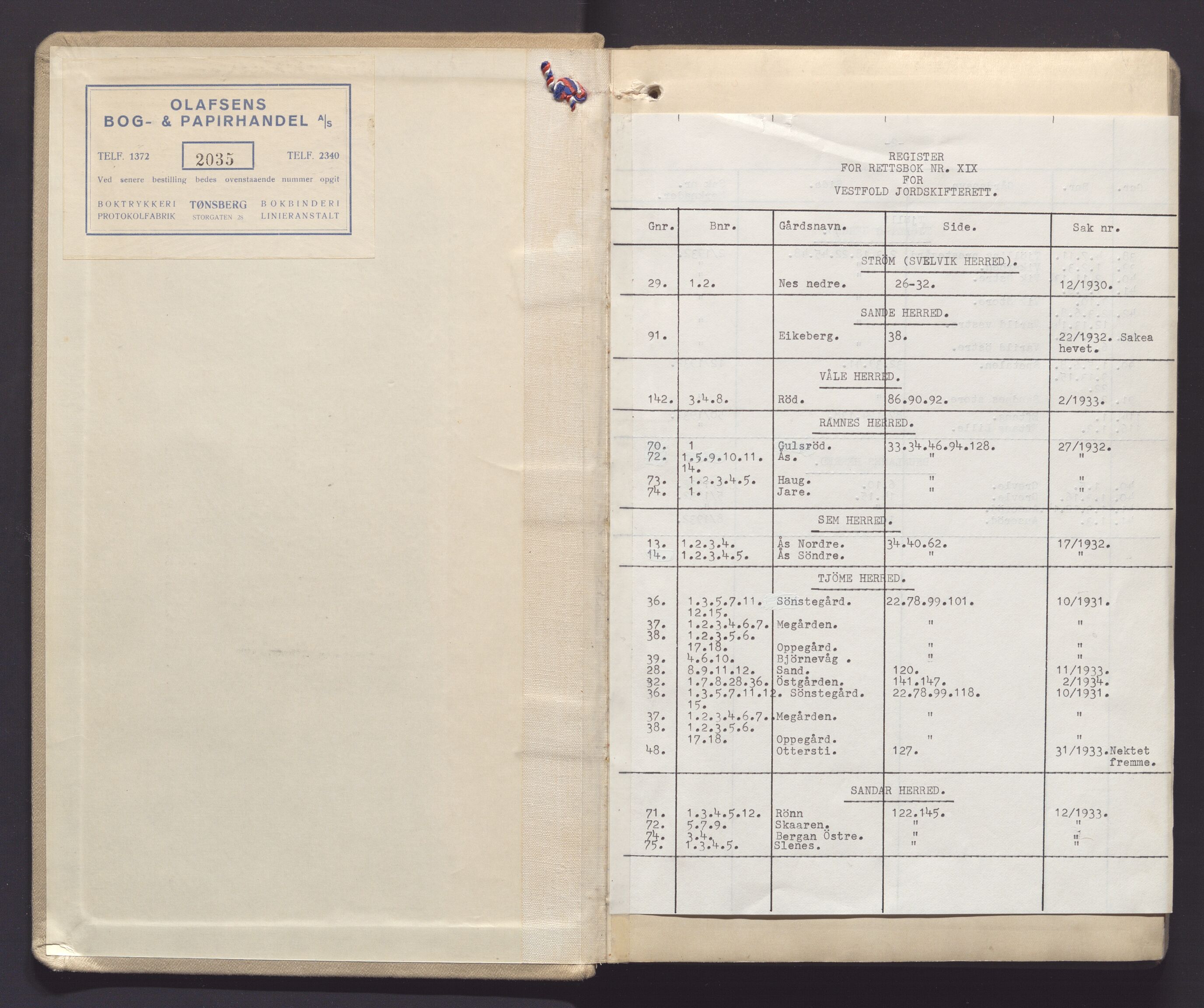 Utskiftningsvesenet i Vestfold, AV/SAKO-A-797/F/Fa/L0019: Rettsbok (forhandlingsprotokoll), 1932-1934