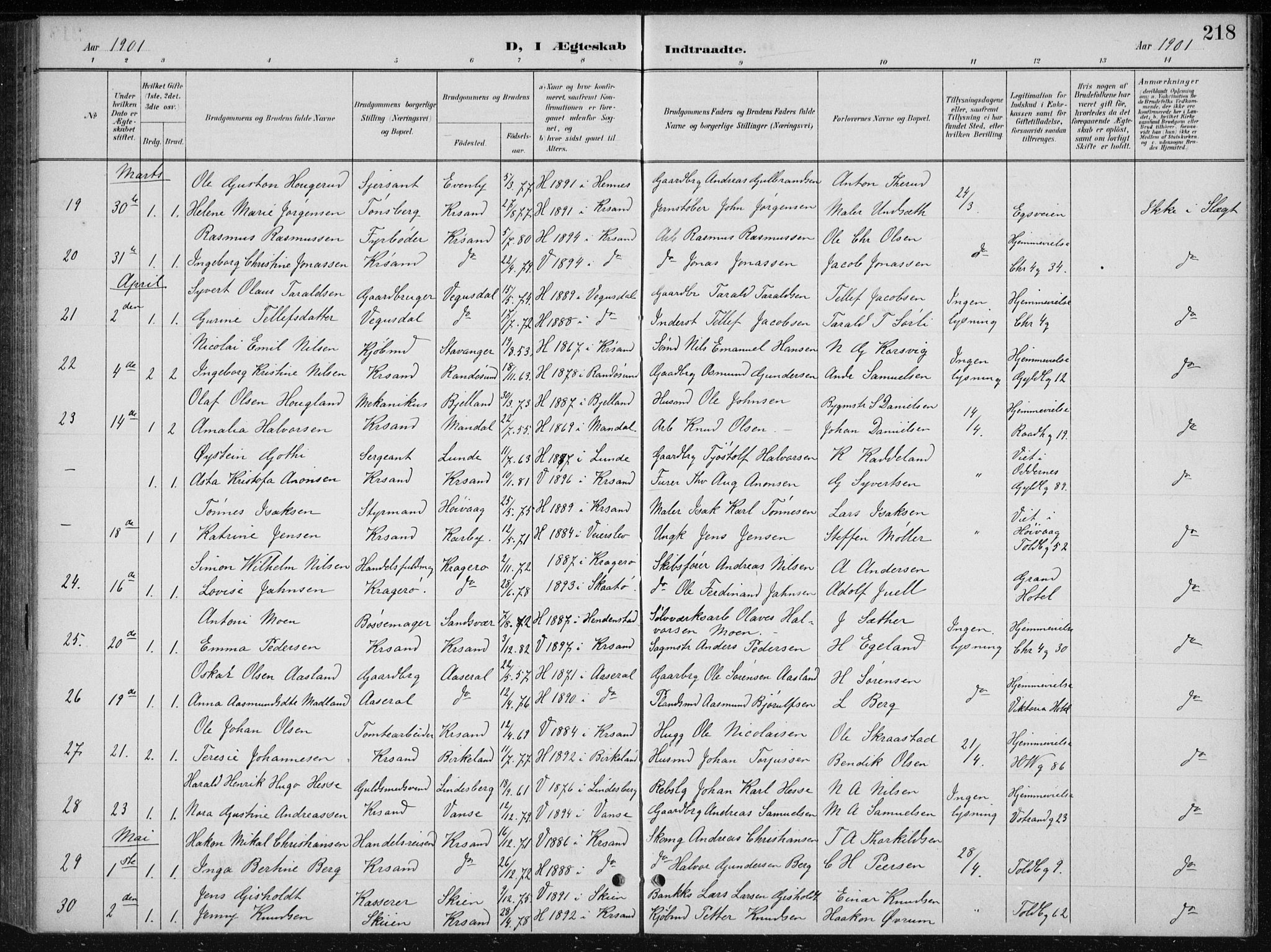Kristiansand domprosti, AV/SAK-1112-0006/F/Fb/L0018: Klokkerbok nr. B 18, 1896-1905, s. 218