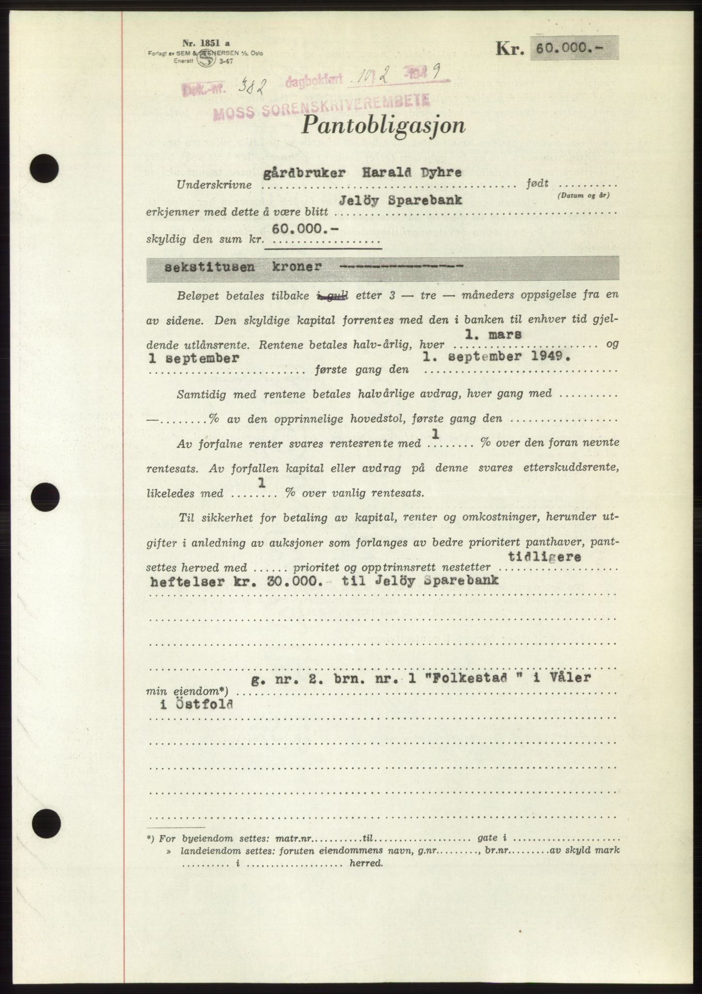 Moss sorenskriveri, SAO/A-10168: Pantebok nr. B21, 1949-1949, Dagboknr: 382/1949