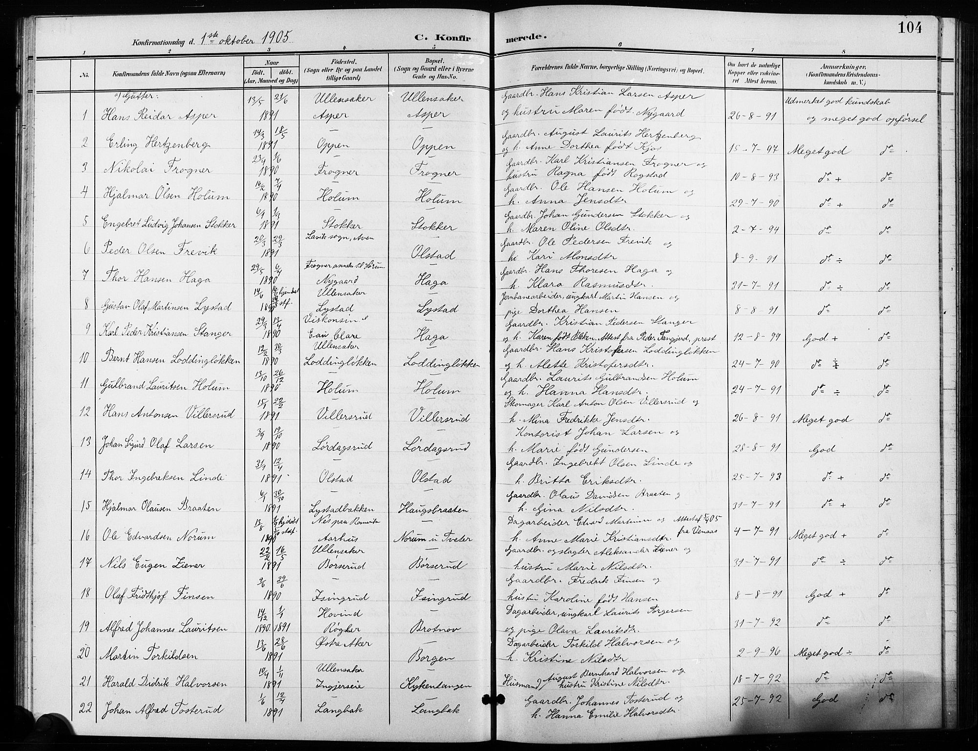 Ullensaker prestekontor Kirkebøker, AV/SAO-A-10236a/G/Ga/L0002: Klokkerbok nr. I 2, 1901-1913, s. 104