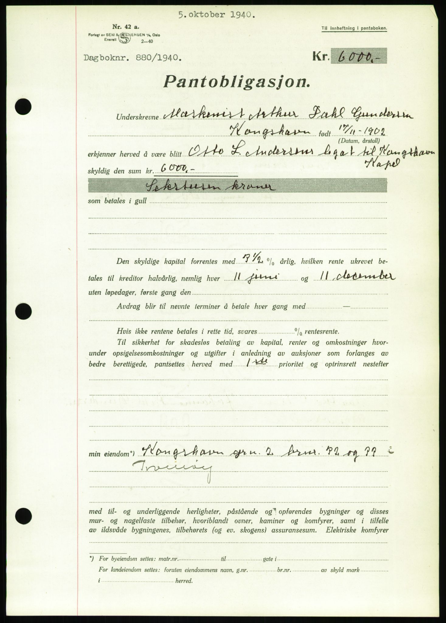 Nedenes sorenskriveri, SAK/1221-0006/G/Gb/Gbb/L0001: Pantebok nr. I, 1939-1942, Dagboknr: 880/1940