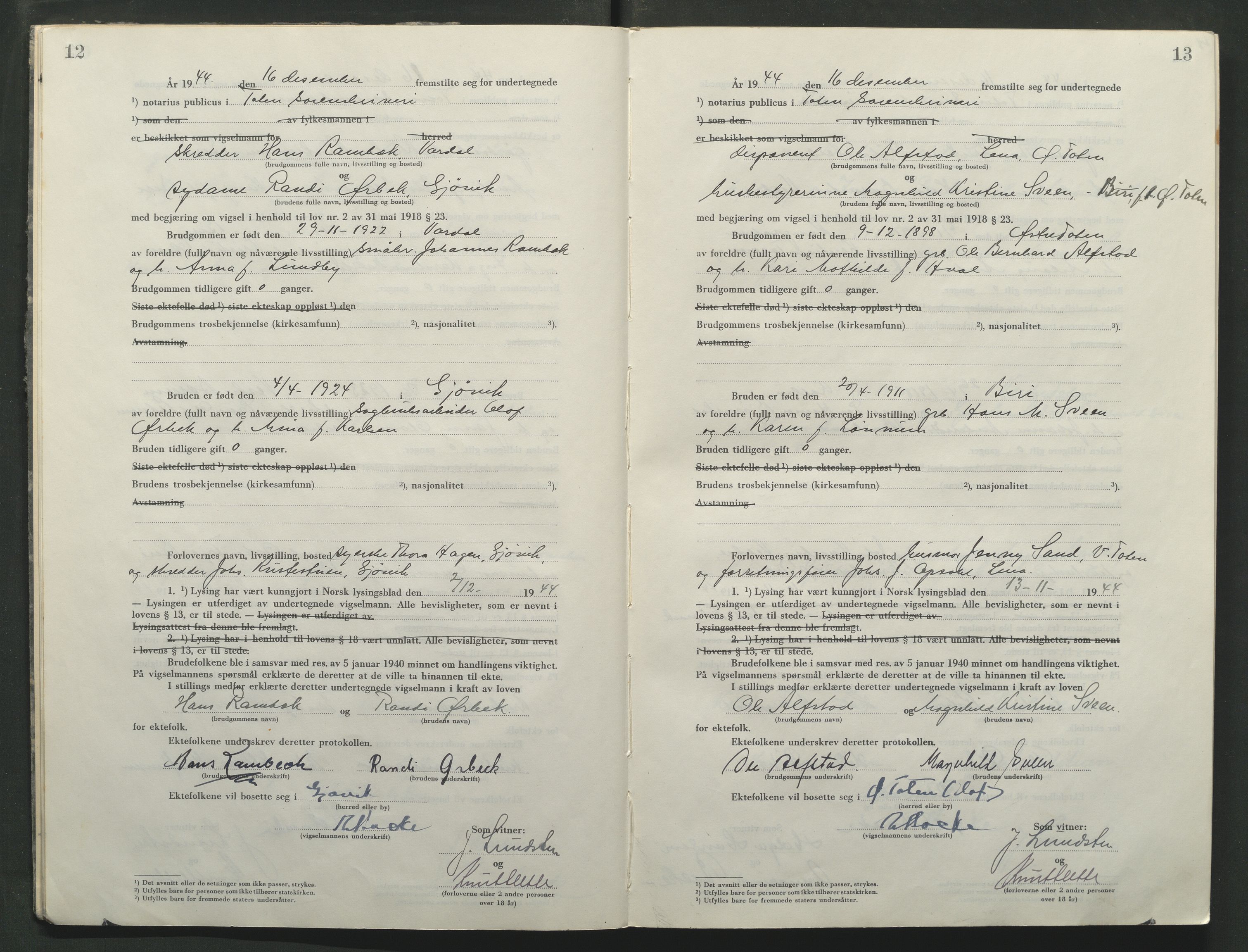 Toten tingrett, AV/SAH-TING-006/L/Lc/L0005: Vigselbok, 1944-1948, s. 12-13