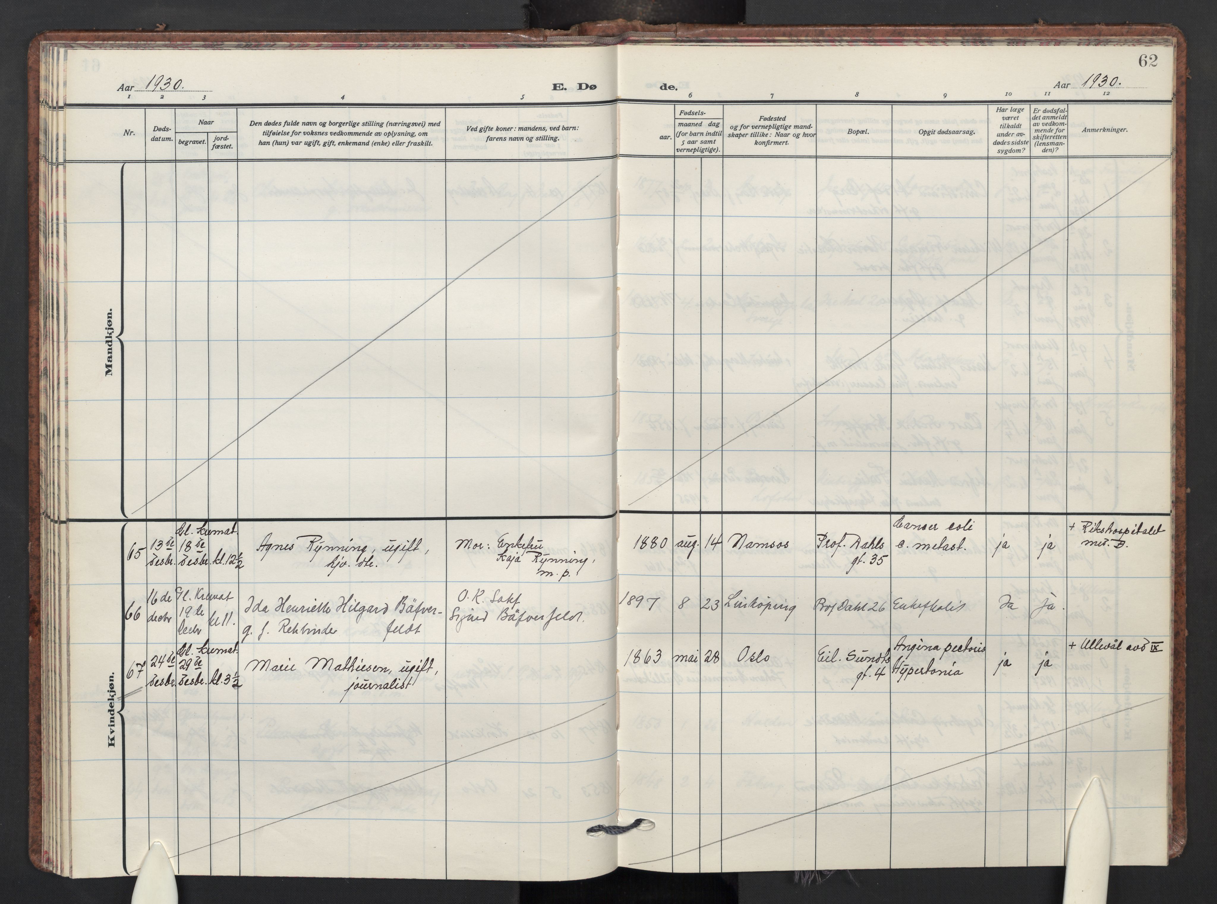 Uranienborg prestekontor Kirkebøker, SAO/A-10877/F/Fa/L0015: Ministerialbok nr. I 15, 1927-1935, s. 62