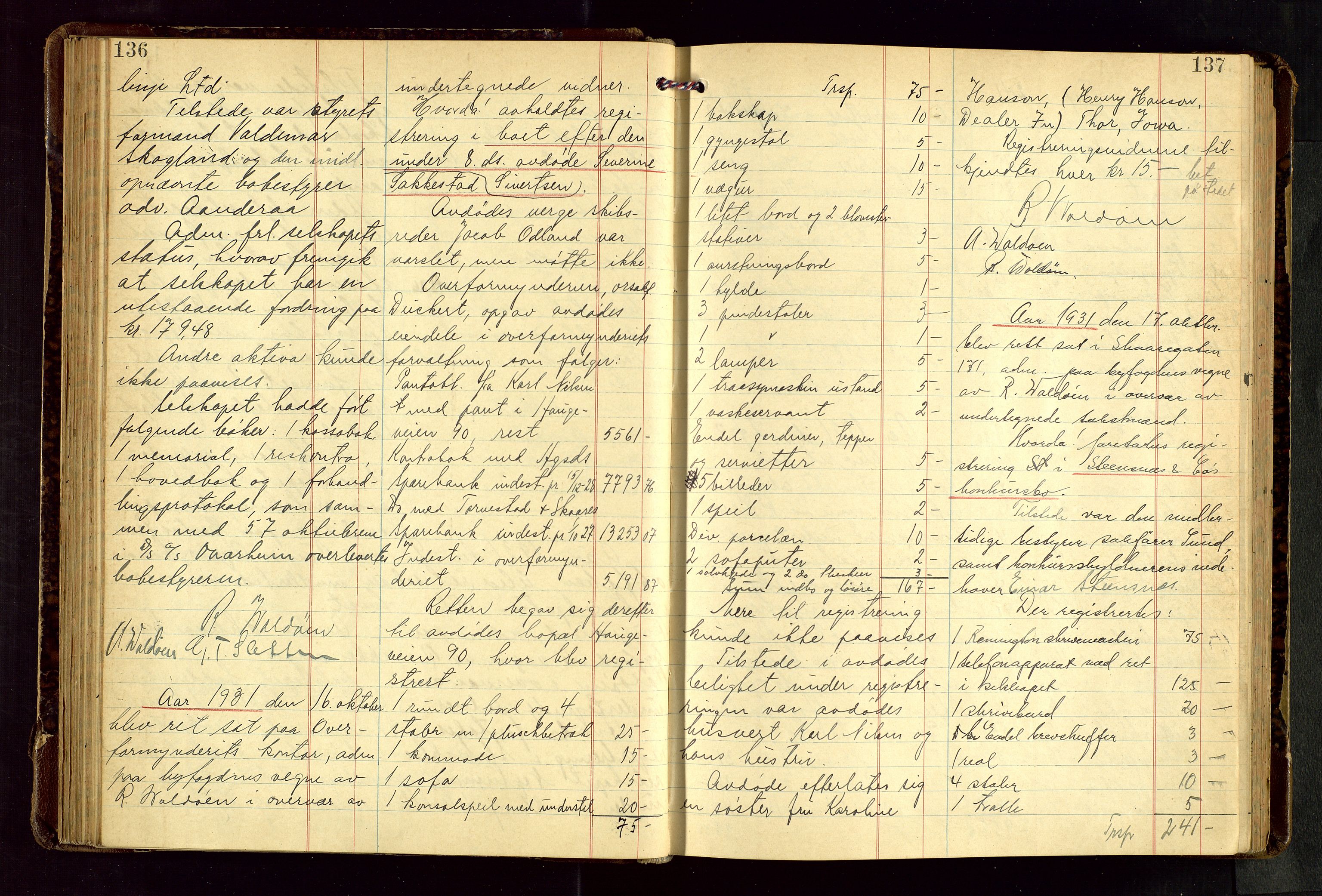 Haugesund tingrett, AV/SAST-A-101415/01/IV/IVB/L0006: Skifteregistreringsprotokoll, med register, 1929-1939, s. 136-137