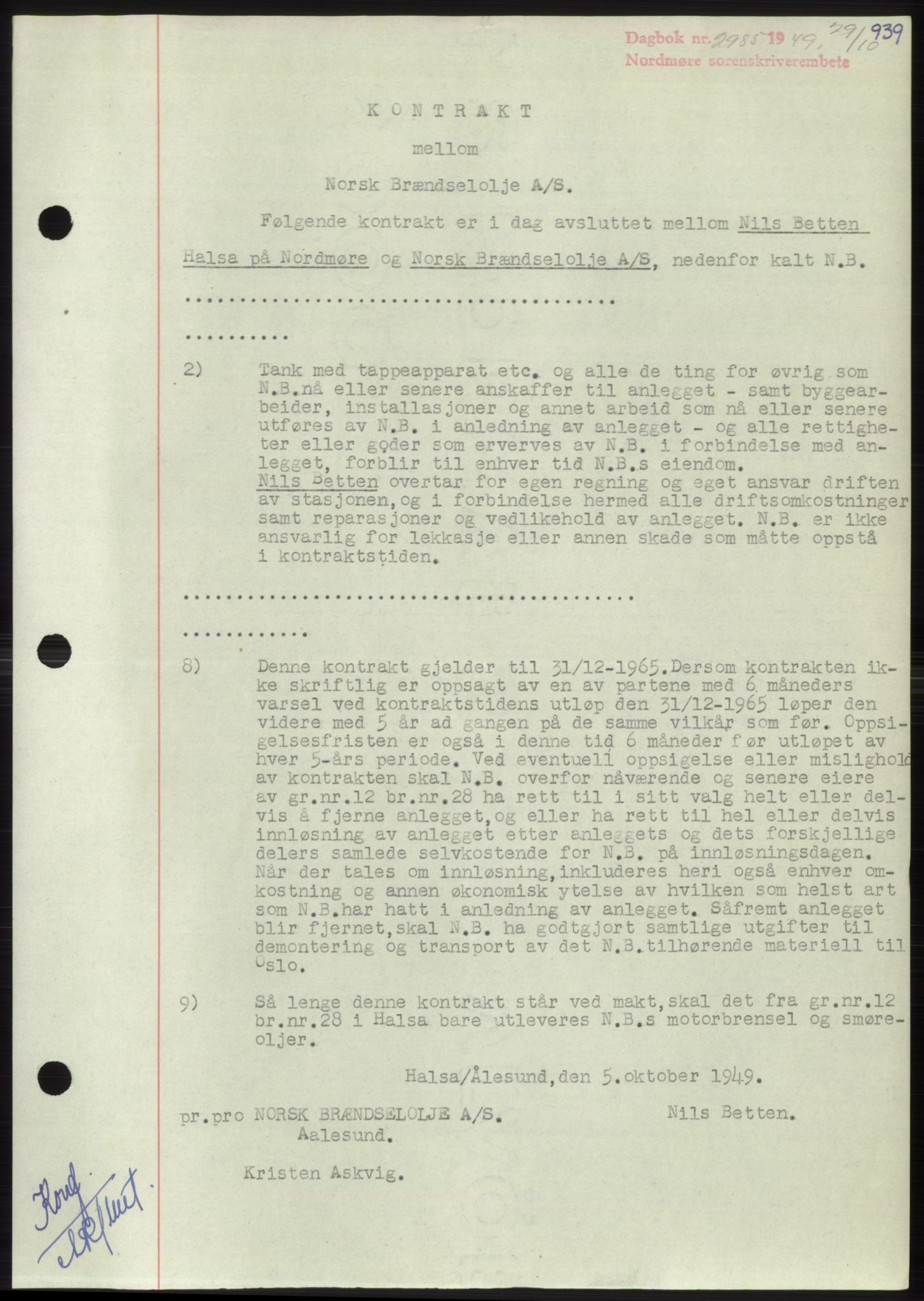 Nordmøre sorenskriveri, SAT/A-4132/1/2/2Ca: Pantebok nr. B102, 1949-1949, Dagboknr: 2985/1949