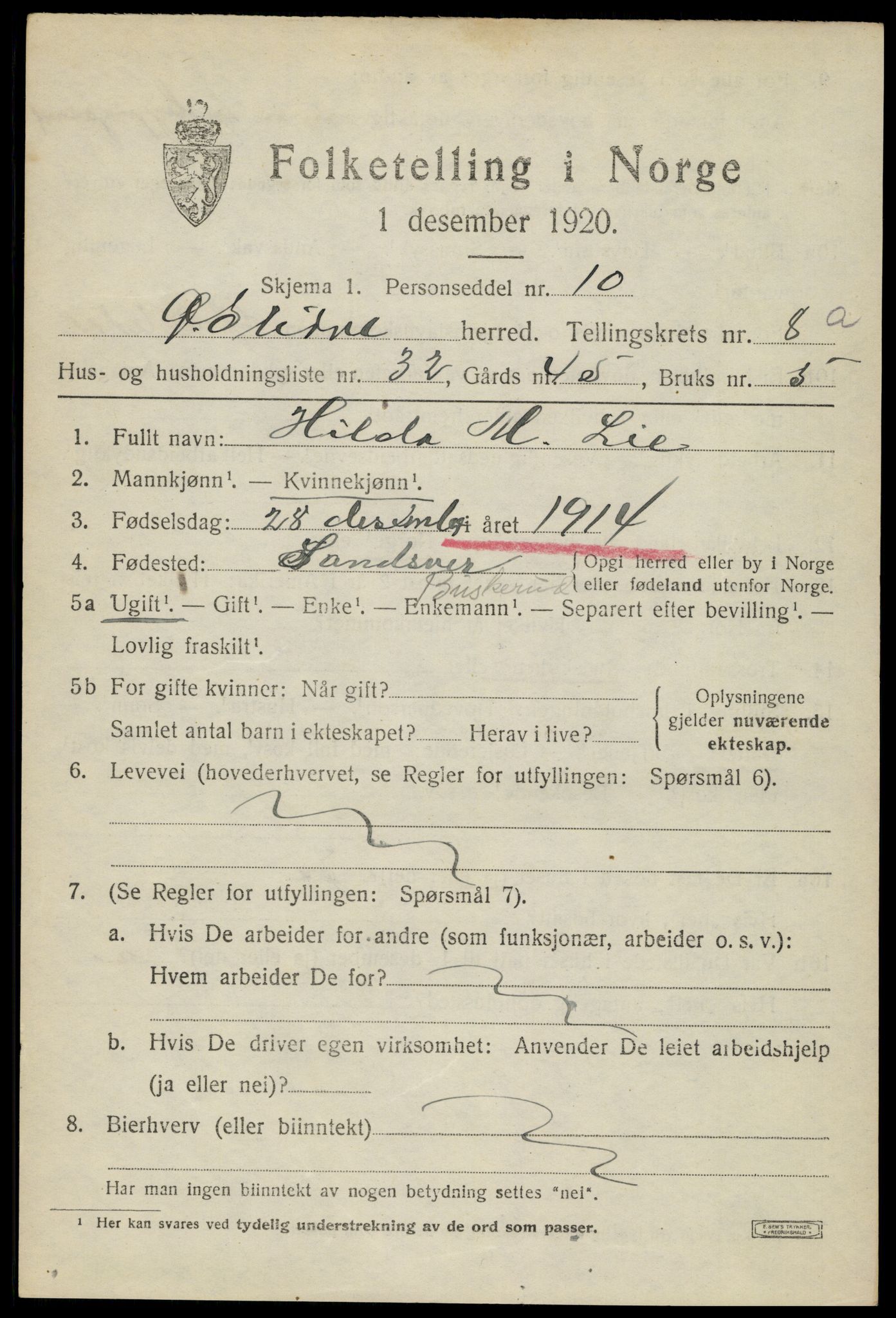 SAH, Folketelling 1920 for 0544 Øystre Slidre herred, 1920, s. 5107