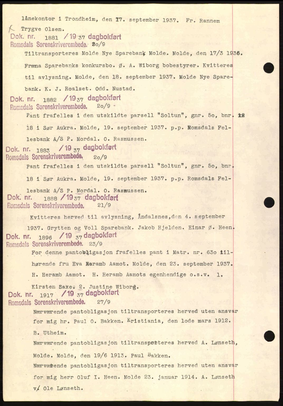 Romsdal sorenskriveri, AV/SAT-A-4149/1/2/2C: Pantebok nr. C1a, 1936-1945, Dagboknr: 1881/1937