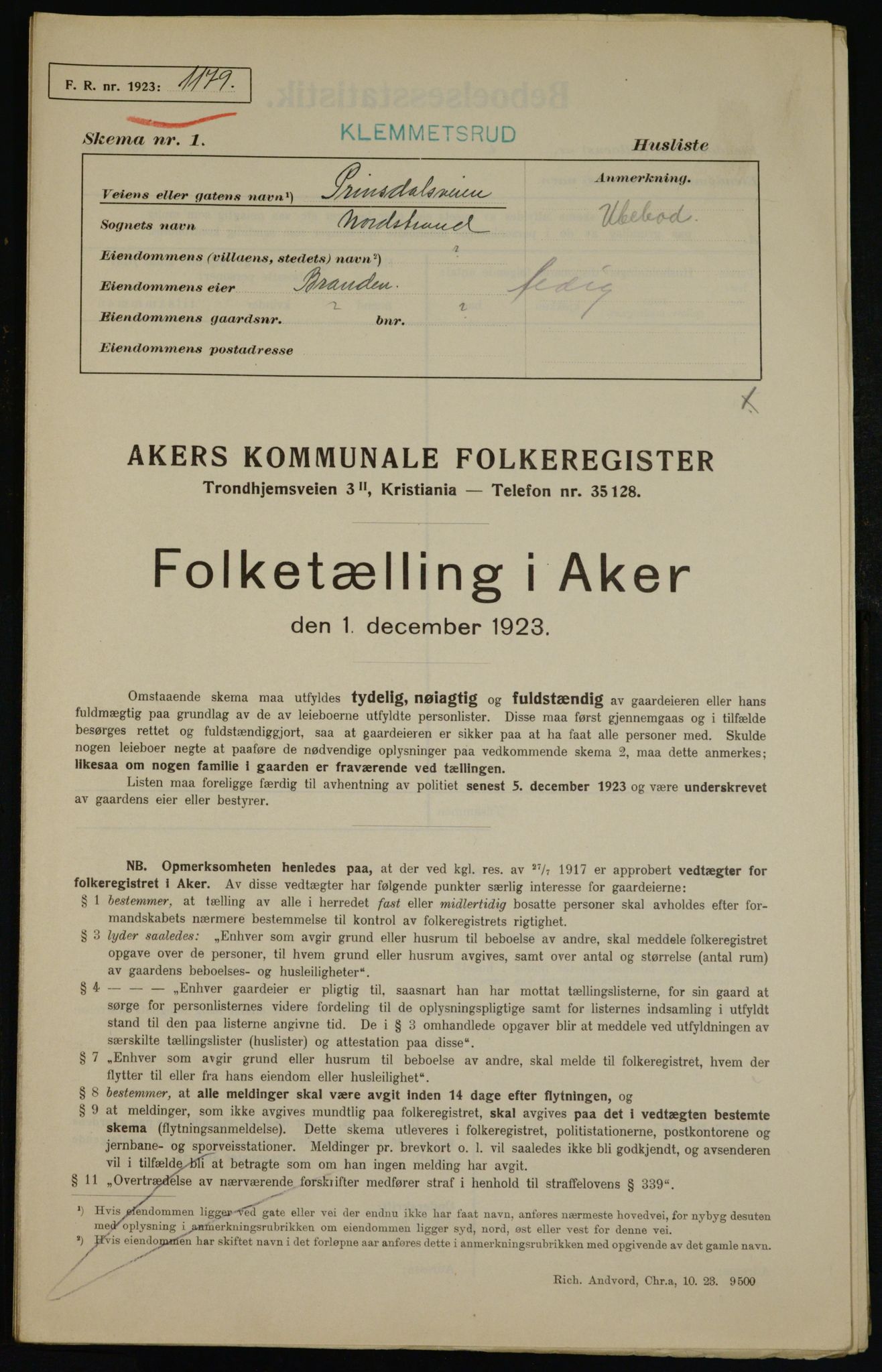 , Kommunal folketelling 1.12.1923 for Aker, 1923, s. 43510