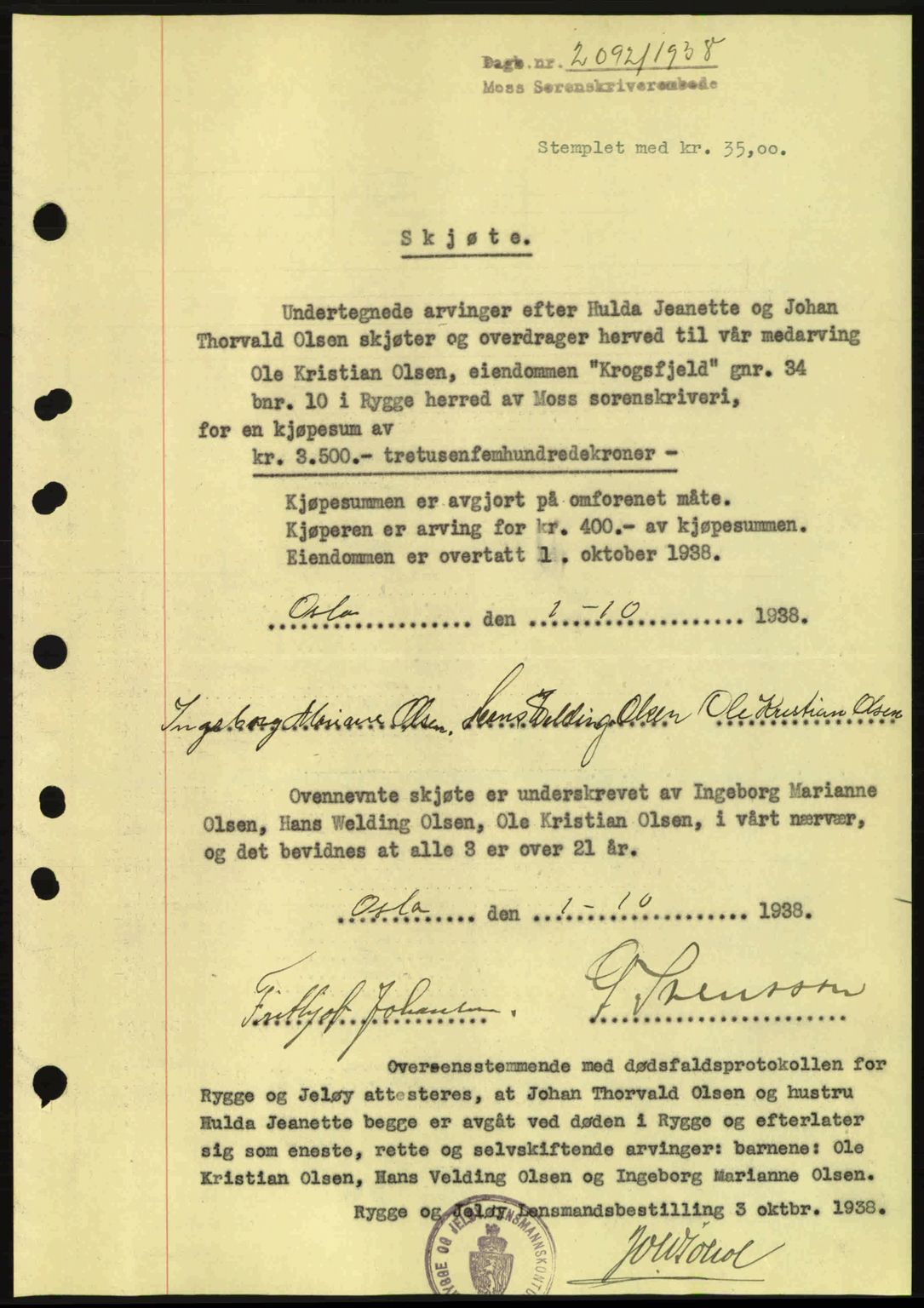 Moss sorenskriveri, SAO/A-10168: Pantebok nr. A5, 1938-1939, Dagboknr: 2092/1938