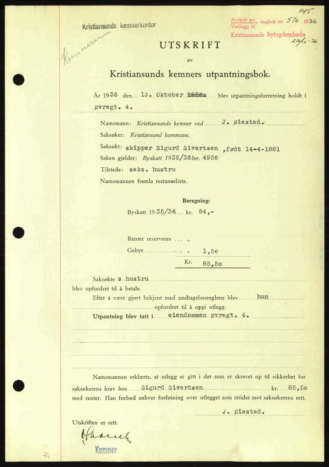Kristiansund byfogd, SAT/A-4587/A/27: Pantebok nr. 29, 1936-1937, Dagboknr: 570/1936